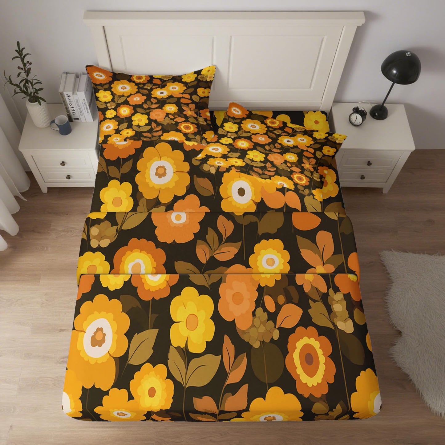 NOGAWA Retro Flower Bed Sheets, 70s Sheets, Bedroom Decor, Full Sheets Set Boho Floral, Bedding Sheets, 16 Inch Deep Pocket Fitted Sheet, Flat Sheet, Pillowcases