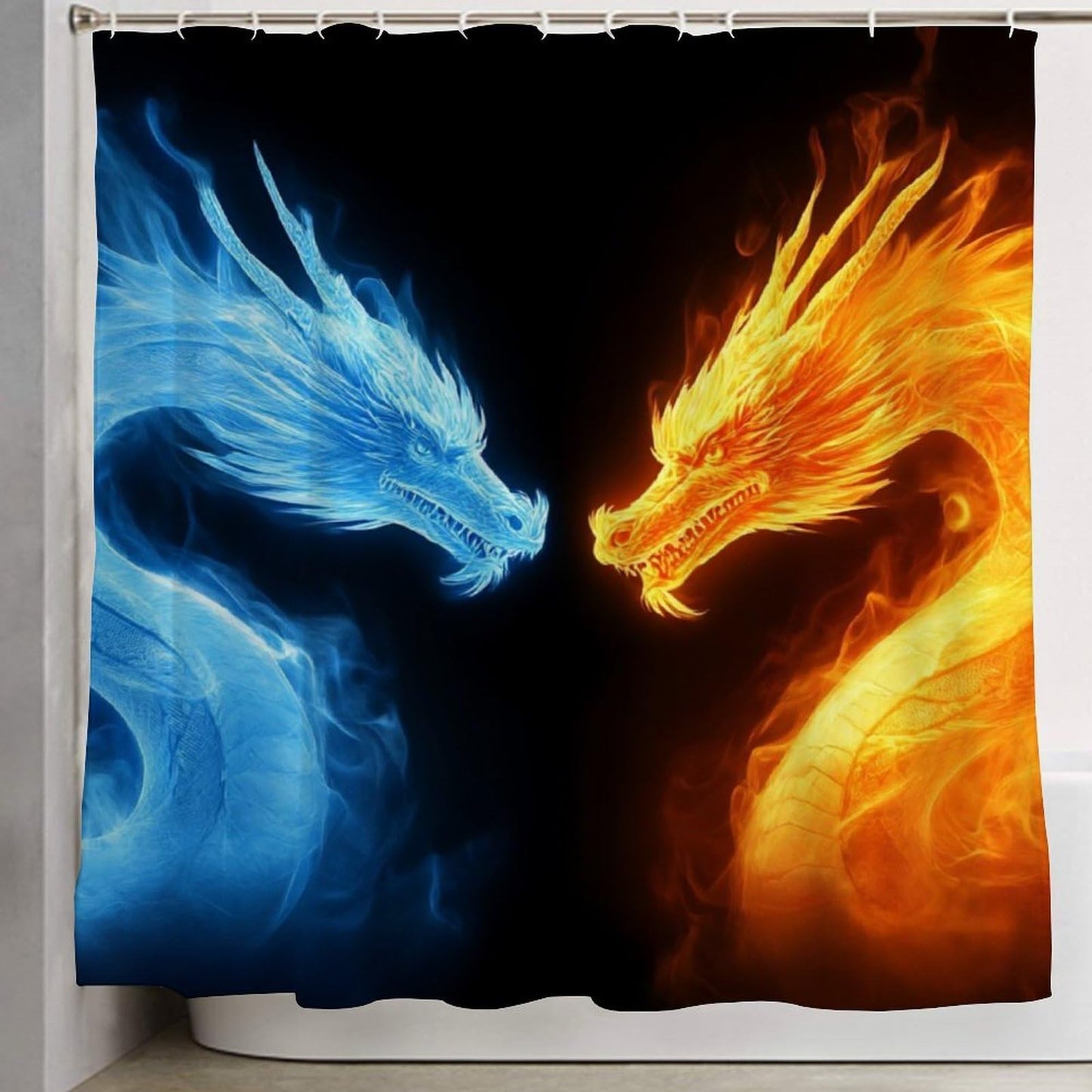 Meaudiwes Luxury Waterproof Shower Curtain Lightweight Fabric Hotel Style Bathroom Decor, 72"x 70" Ice Blue and Red Fire Flame Dragon