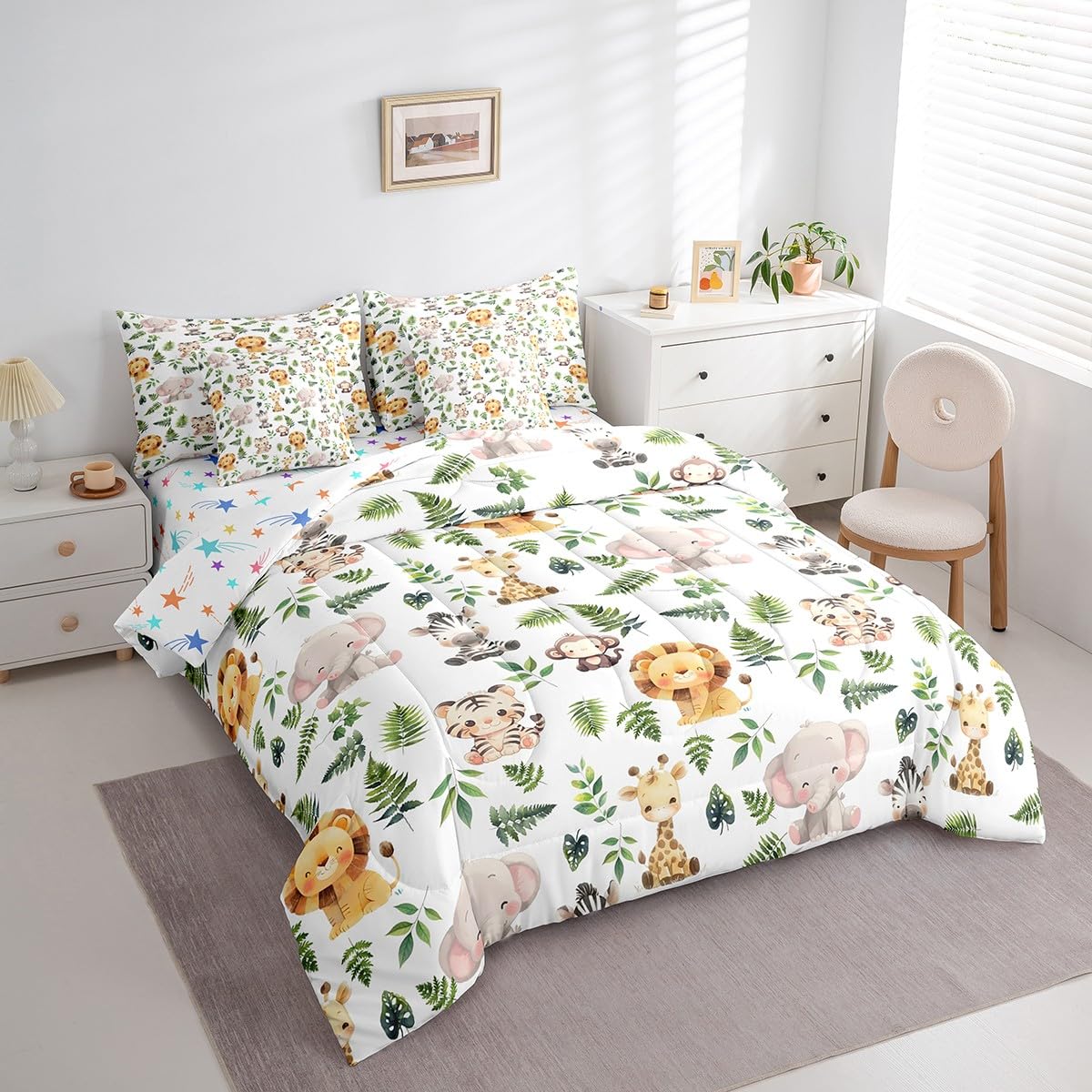Erosebridal Cute Jungle Animal Twin Size Comforter Set with Sheets Kids Cartoon Zoo Animal 7-Piece Bedding Set Teens Giraffe Elephant Lion Bed in a Bag Green Palm Leaves Bed Quilt Sets