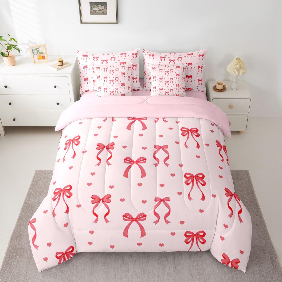 Erosebridal Kawaii Bowknot Full Size Comforter Set,Dreamy Princess Style 7-Piece Bed in A Bag,Girly Cute Bow Sheets and Pillowcases,Pink Red Bow Tie Bedding Set Room Decor
