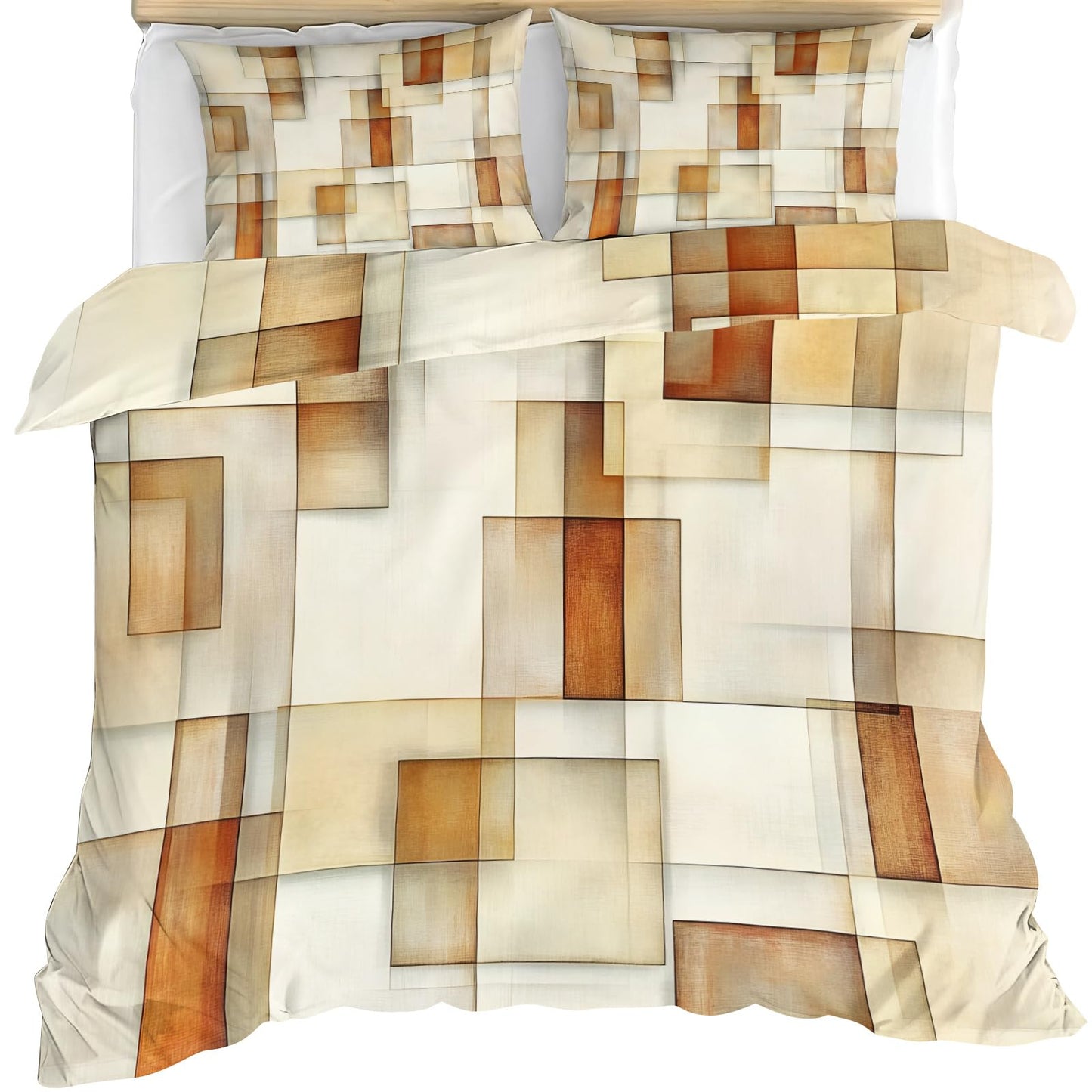 GKPLY Geometric Bedding Sets King, Abstract Squares Duvet Cover & Bedroom Decor, Modern Minimalist Comforter, Zipper Closure, 2 Pillow Cases, Earth Tone Reversible Print Bedding Duvet Cover Set