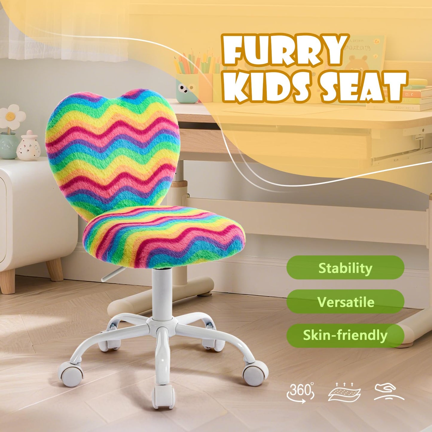 Lessmore Heart Kids Desk Chair，Girls Desk Chairs,Comfy Swivel Computer Chair for Girls Room, Fluffy Kids Office Chair for Reading & Vanity，Rainbow