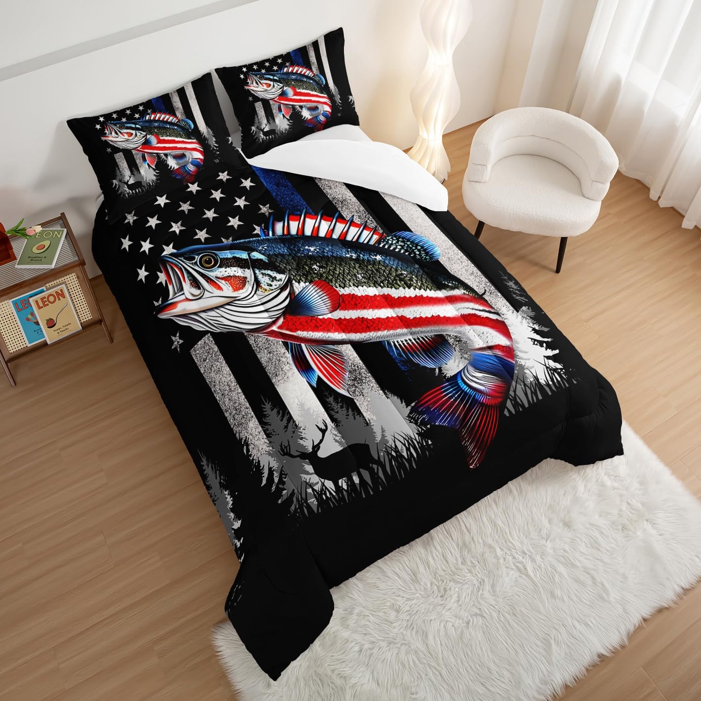 HOSIMA Soft Microfiber Black Full Size Comforter with 2 Pillowcases,American Flag Striped Bass Pattern Bedding Sets,Fishing Comforter Kids Men Boys Room Decor,Bed in a Bag Full Size for Teens.