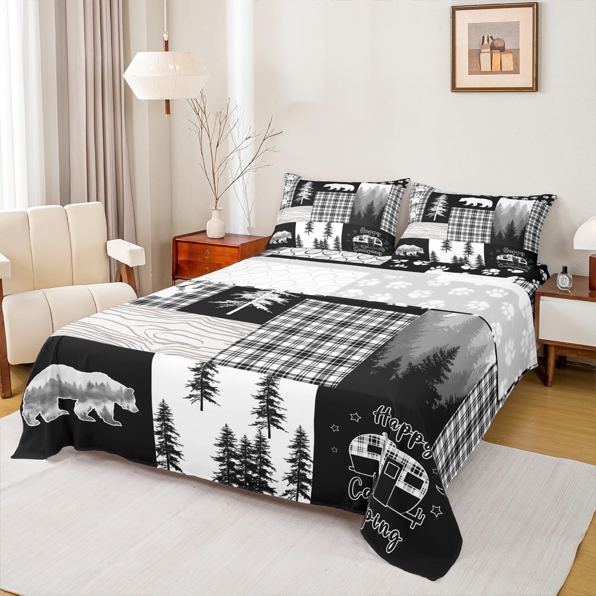 Bear Sheet Set Queen Size,Wildlife Hunting Woodland Rustic Cabin Bed Sheets for Boys Girls Kids Adult,Camping Adventure Geometric Plaid Patchwork Fitted Sheet,Xmas Pine Tree Sheets Gray Black