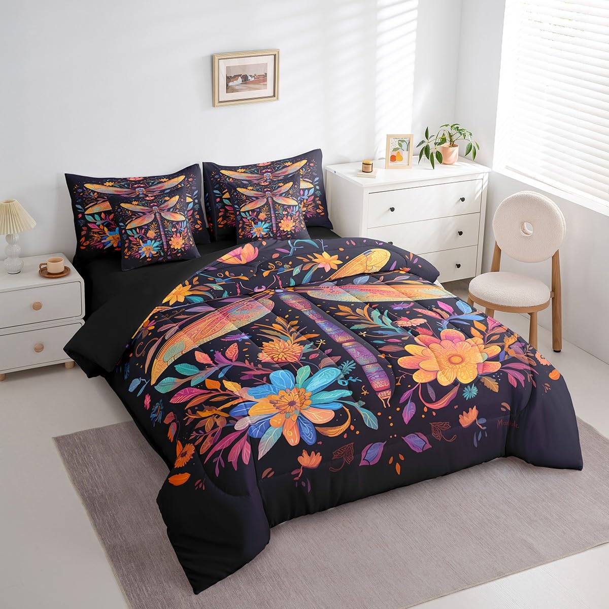 Erosebridal Boho Dragonfly Comforter Set Queen,Rainbow Lotus Flower Floral Bed in a Bag for Kids Teens Adults,Bohemian Woodland Leaves Bedding Set 7Pcs,Bohemian Wild Animal Quilt