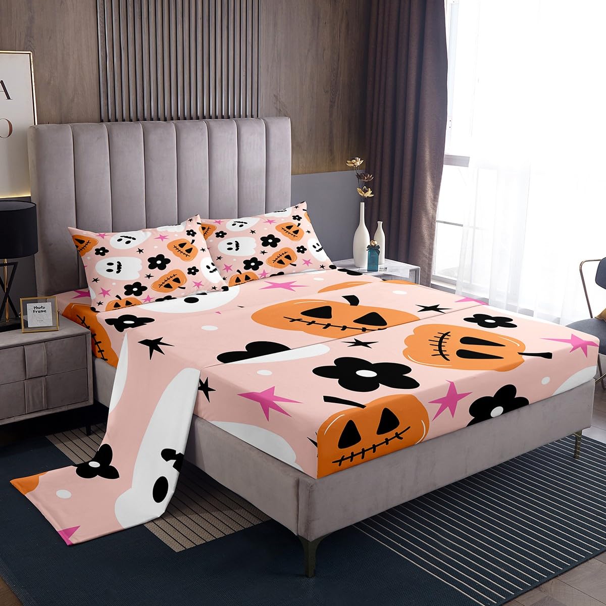 jejeloiu Cute Halloween Bed Sheets Set King Size Cartoon Ghost Pumpkin Fitted Sheet for Kids Boys Girls Trick or Treat Decor Bedding Set Soft Lightweight Microfiber Bedroom Decor（with 2 Pillow Cases）