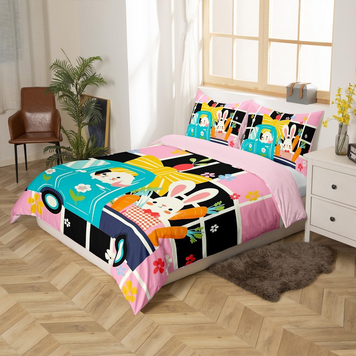 Erosebridal Happy Easter Themed Duvet Cover Cartoon Rabbit Bedding Set,Rainbow Easter Eggs Comforter Cover Easter Decor Queen,Greetings and Presents for Easter Day Kawaii Room Decor