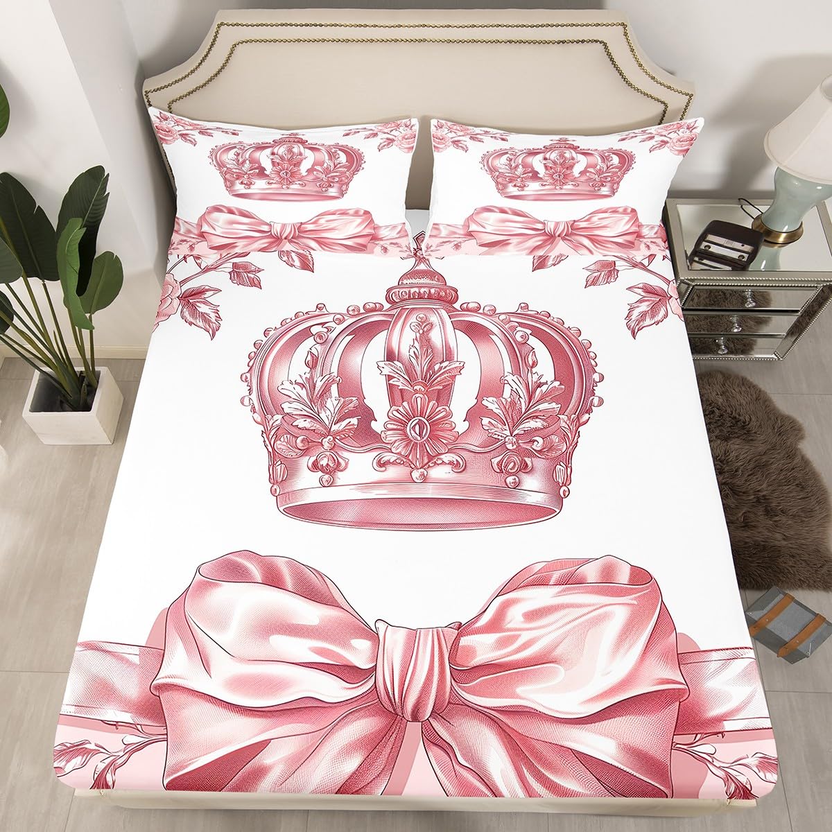 jejeloiu Bowknot Bed Sheets Set Twin Size Pink Bow Deep Pocket Fitted Sheet Colourful Bowknot Bedding Sets Bow-tie Soft Bed Set 3Pcs with 1 Pillow Cases