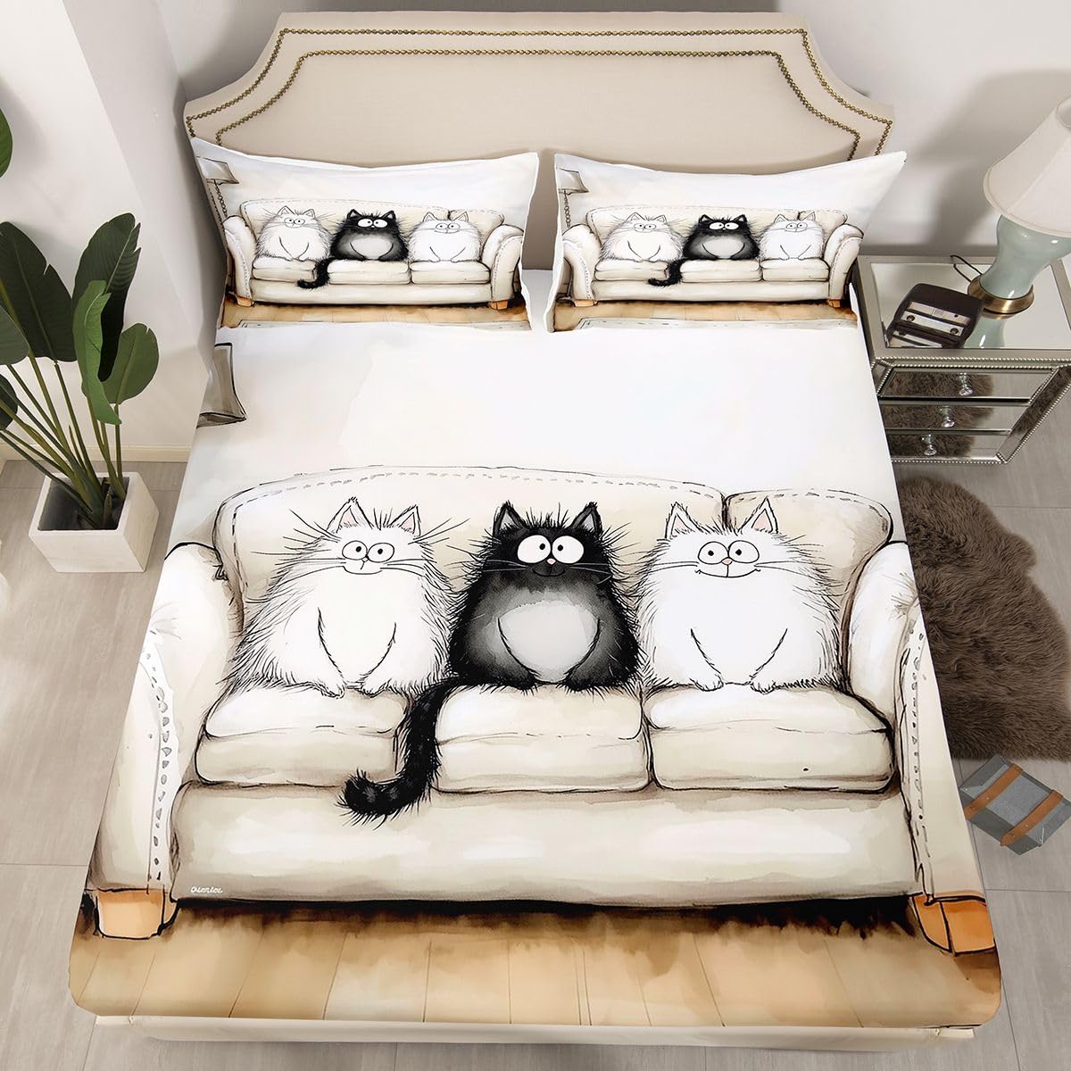 Erosebridal Cute Cat Bed Sheets Full | Black White Hand Drawn Sheet Set for Kids Boys Girls Cartoon Kawaii Cats Sheets Pet Animal Flat Fitted Sheet 3 Pcs