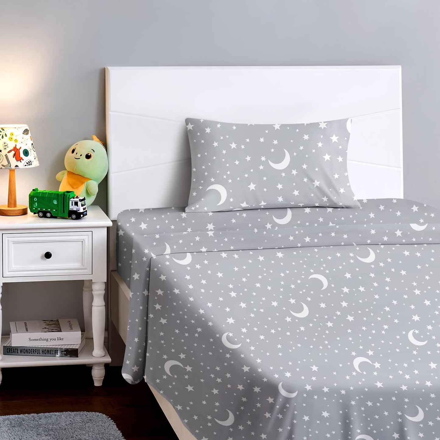 BYSURE Twin Sheets Set Kids(Moon&Stars, Light Grey), 3 Pieces Easy Fit Deep Pocket Sheets Set, Breathable Wrinkle-Free Microfiber Bedding for Children