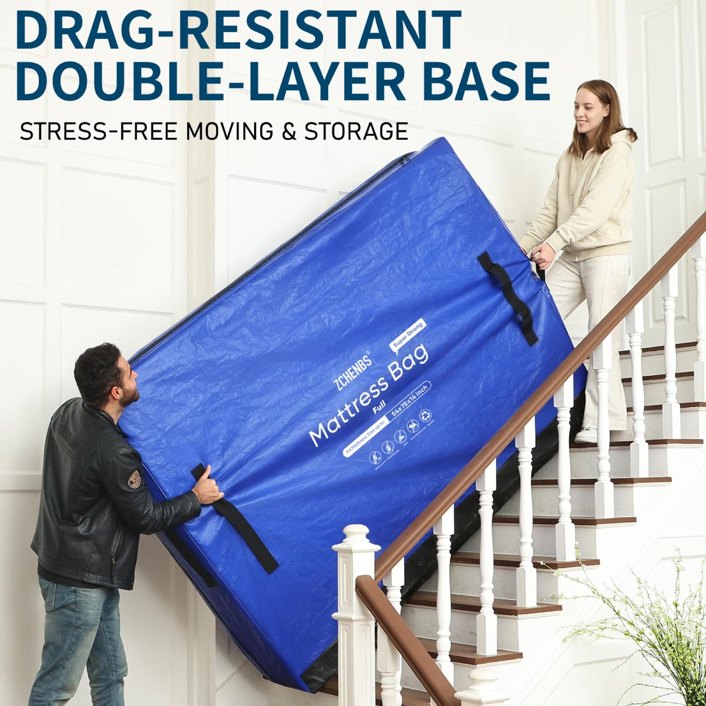 ZCHENBS Mattress Bags for Moving, Full Mattress Storage Bag with Handles and Zipper, Waterproof Heavy Duty Drag-Resistant Reusable Mattress Protector Cover for Moving, Blue, Full