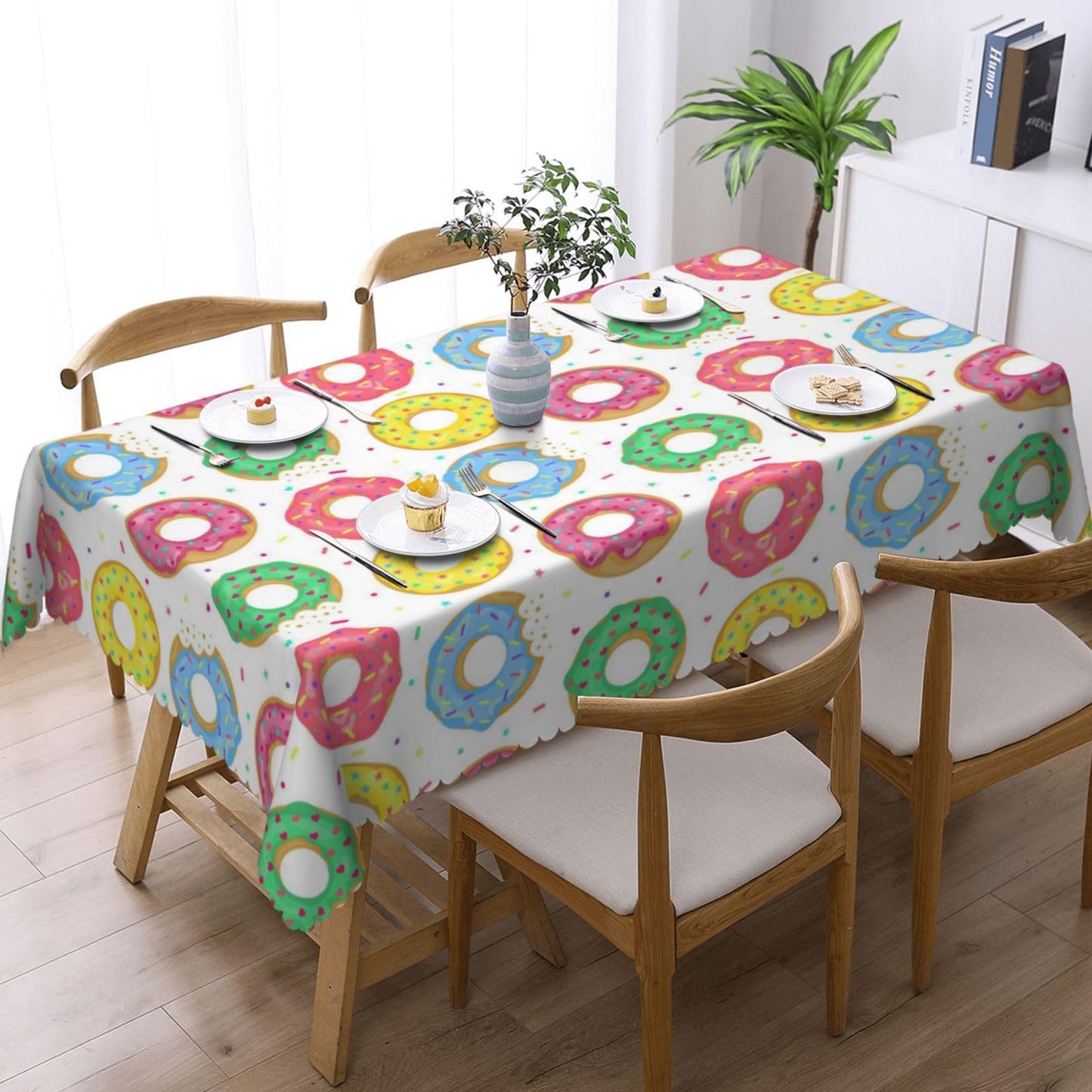 GOUROISE Pink Dount Rectangular Tablecloth, Sweet Food 54x72 Inch Wavy Lace Border Polyester Table Cloth for Dining, Kitchen, Parties