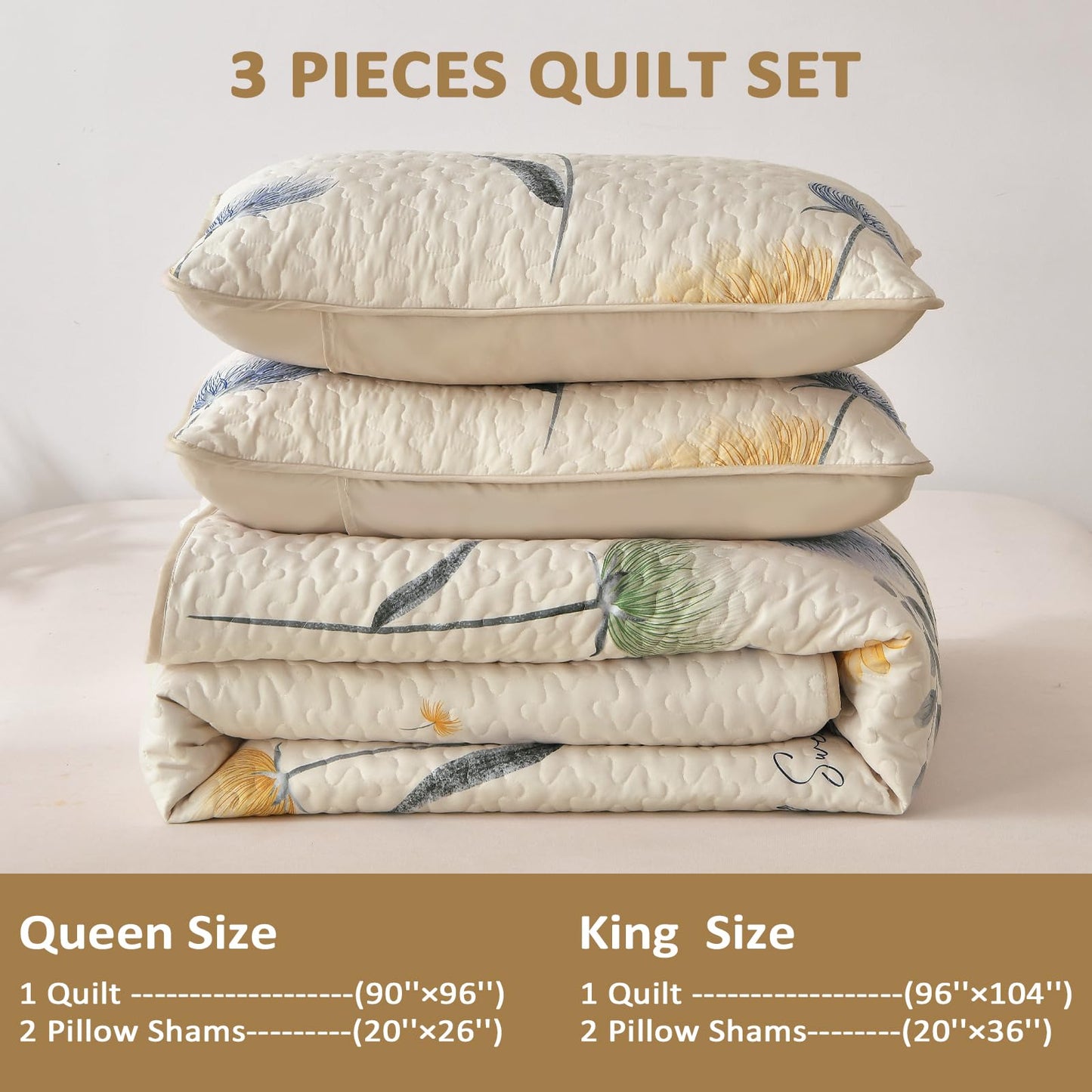 DinjoyBeige Quilt Set Queen,3 Pieces Colorful Floral Printed Bedspread Set,Soft Microfiber Reversible Bedding Coverlet for All Seasons