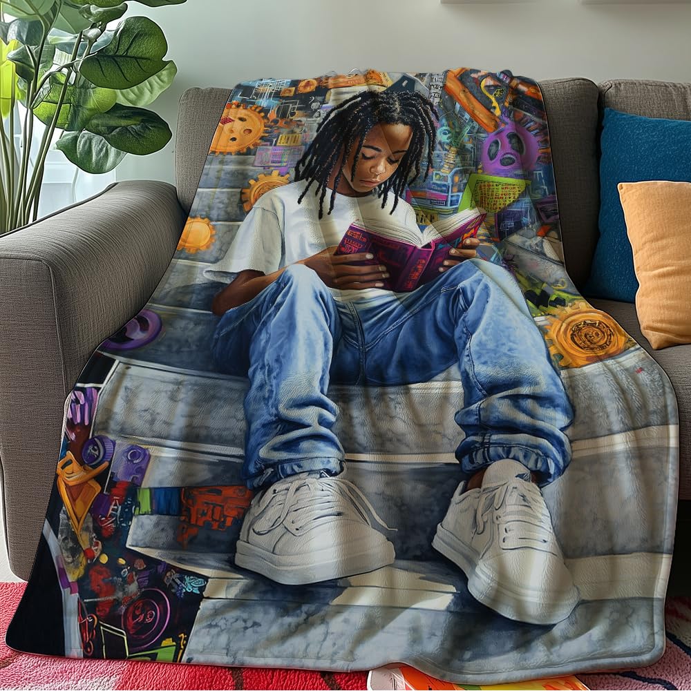 HUNXIAOJ Black Girl Blanket African American Blanket for Kids Black Girl Bedding Warm Soft Flannel for Teens Adults Bed Sofa Couch (49in x 59in)