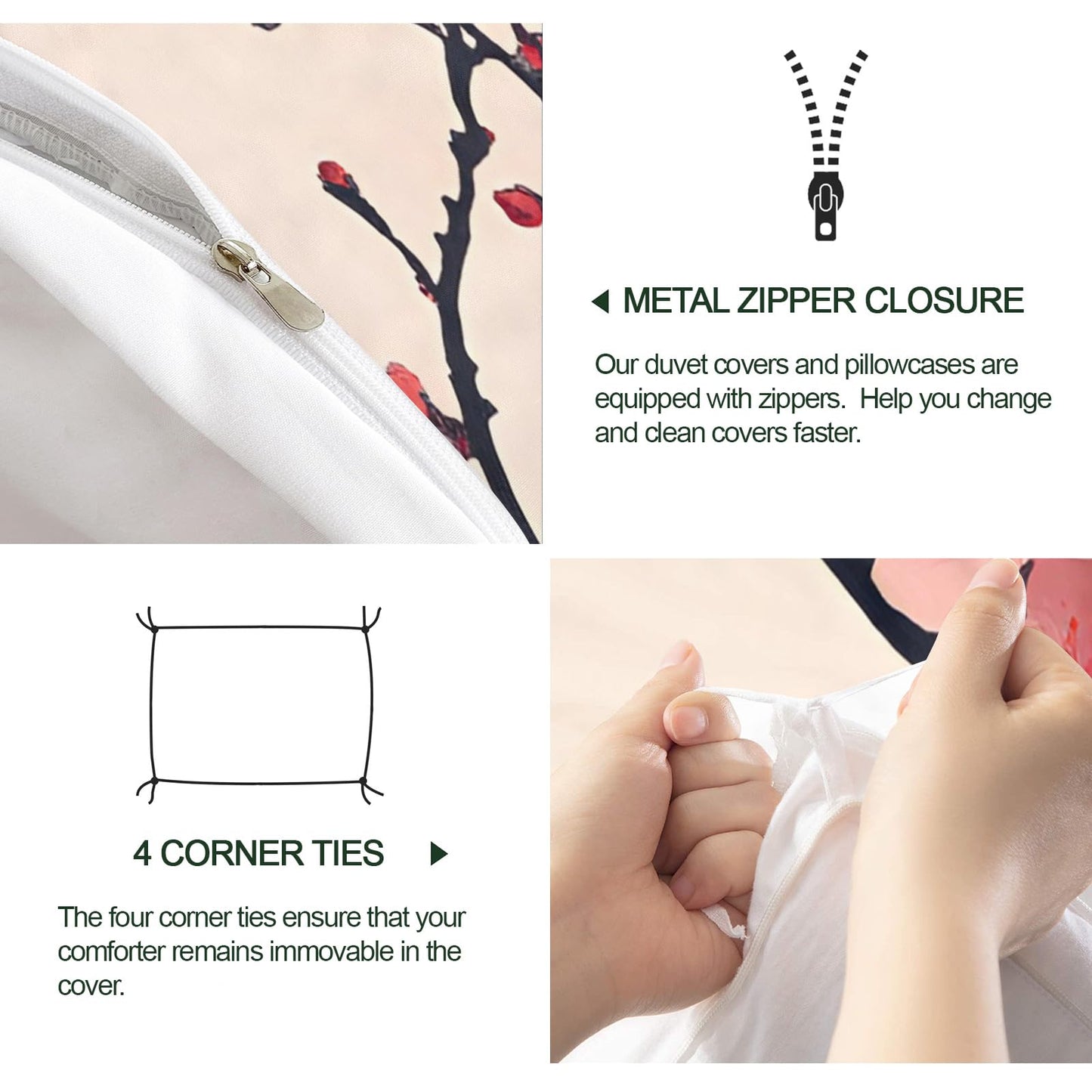 QINYUN Cherry Blossoms Duvet Cover Oversized King Size, Traditional Flower Bedding Set 3 Piece, Cherry Branch Comforter Cover 120x98 and 2 Pillow Sham with Zipper Closure