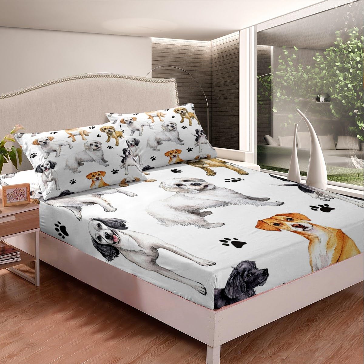 Feelyou Puppy Dog Bedding Set for Kids Boys Girls Lovely Dogs Print Fitted Sheet 3D Animal Pattern Bed Sheet Set Luxury Bed Cover,Room Decor 3Pcs Sheets Full Size