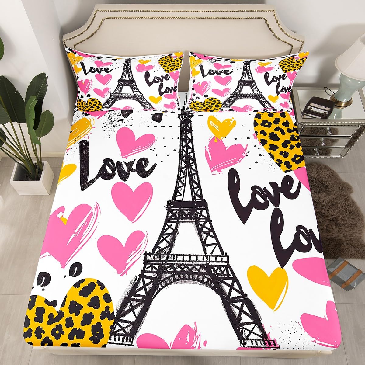 Eiffel Tower Fitted Sheet Full Size,Cartoon Paris Buildings Sheet Set(No Top Sheet),Watercolor Love Hearts Bedding Set(1 Fitted Sheet+2 Pillow Cases),Romantic French Style Bed Cover