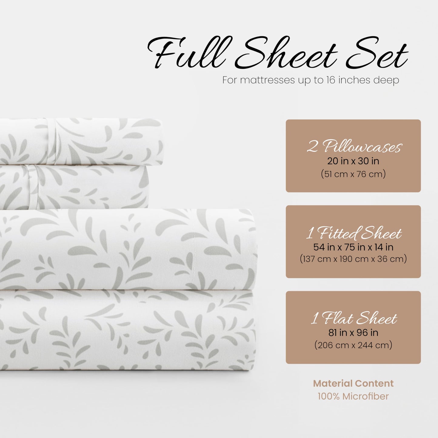 Linen Market Double-Brushed Patterned Microfiber Full Sheet Set 4 Piece – Oeko-TEX Certified Ultra Soft & Wrinkle-Free - 16" Deep Pocket Sheets - Easy Care Full Size - Burst of Vines Light Gray