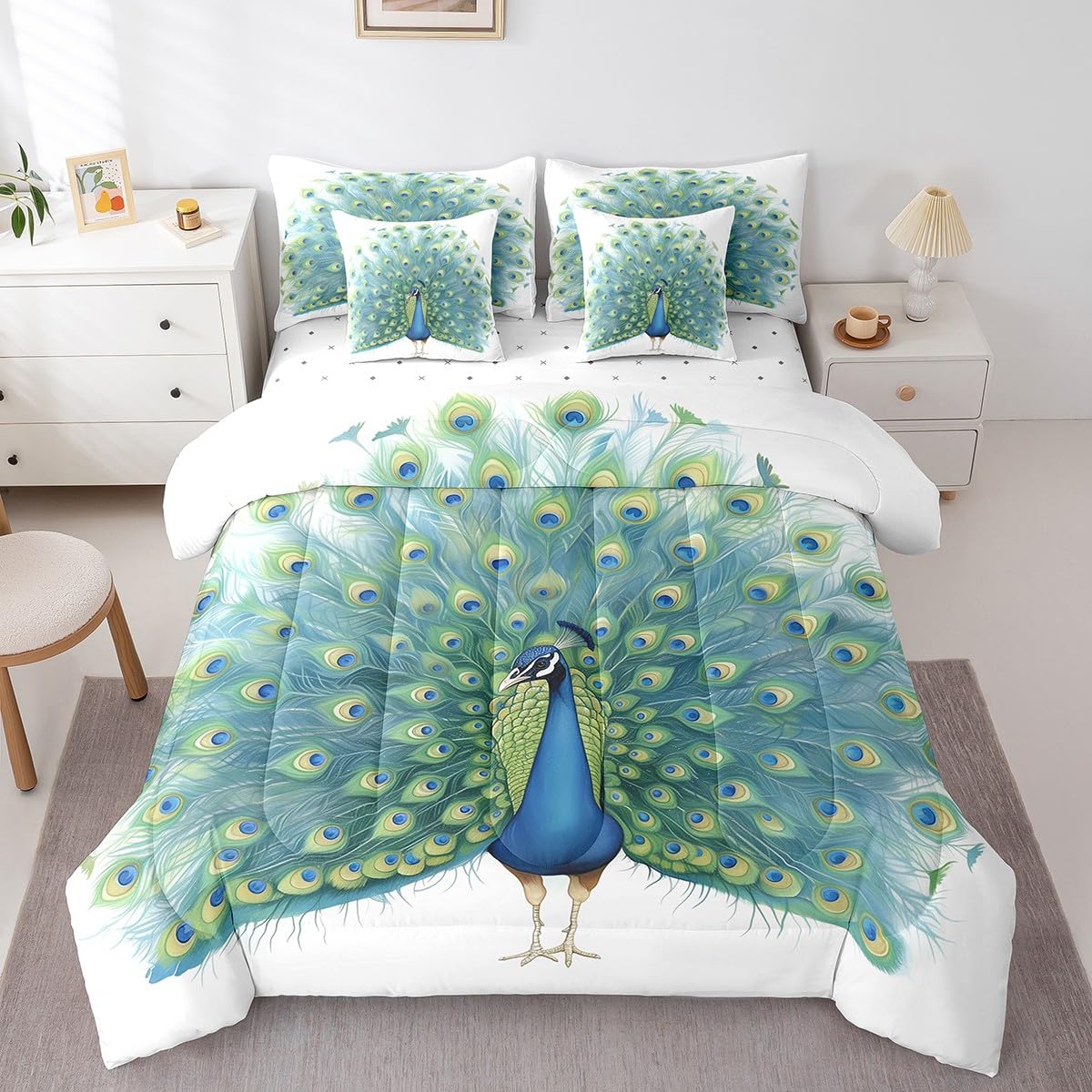Erosebridal Peacock Comforter Set 7 Piece Bed in a Bag Twin,Watercolor Feather Bedding Sets Rustic Aesthetic Peahen Peafowl Comforter and Sheet Set,Wild Animals Bed Set