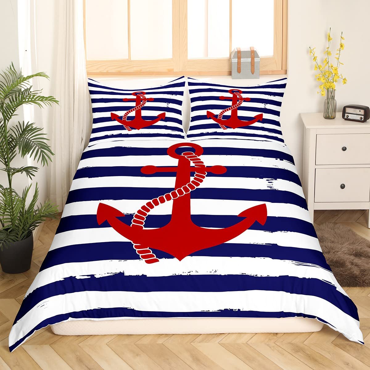 Nautical Anchor Duvet Cover Set King,Geometric Stripes Comforter Cover Ocean Adventure Theme Quilt Cover Navy Blue and Red Bedding Set 3pcs for Kids Girls Teens Boys Room Decor with 2 Pillowcases
