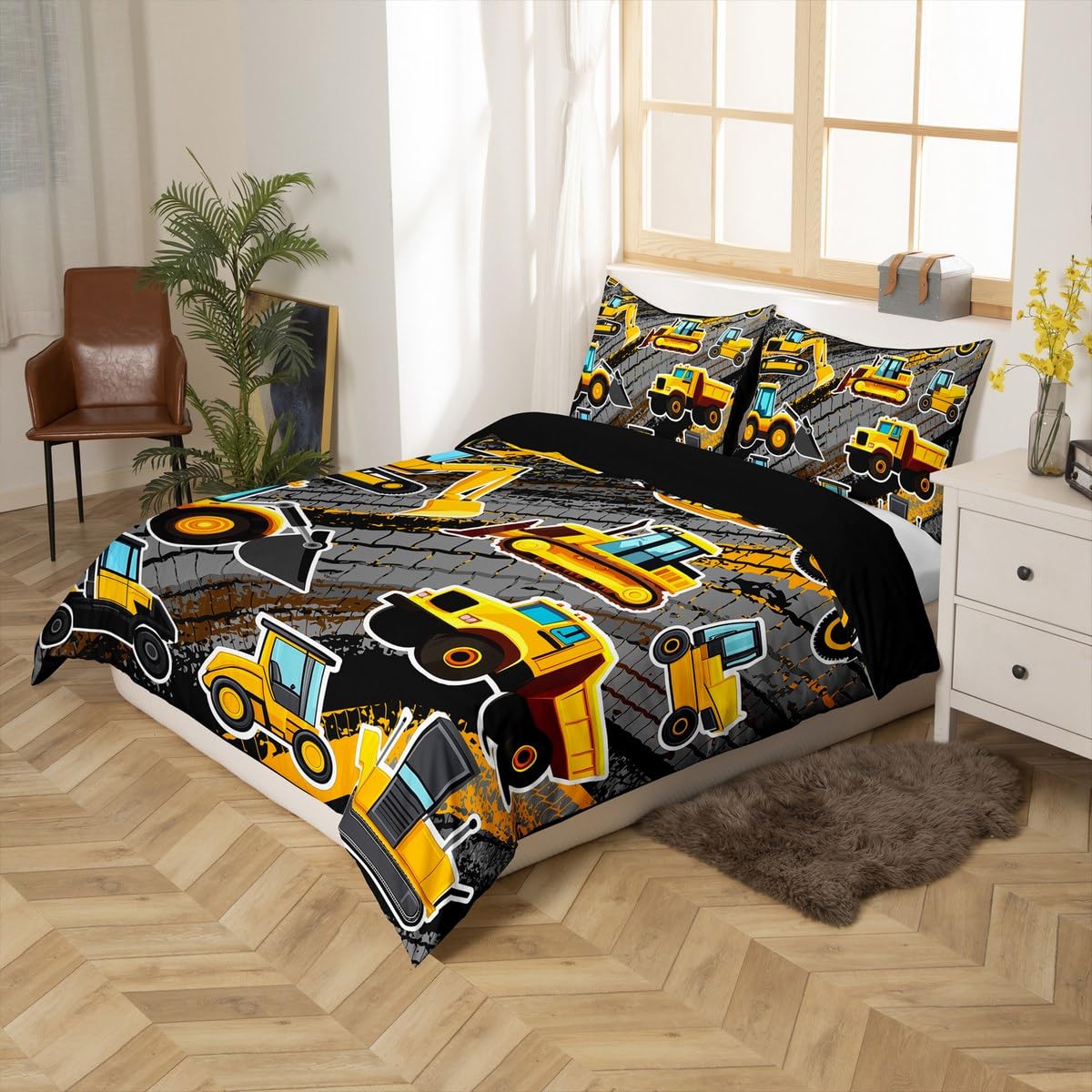 Equipment Trucks Comforter Cover Set, Excavators Bedding Set Full, Yellow Vehicle Duvet Cover for Child Kids Children Boys Teens Construction Tractor Construction Site Car Beddings for Bedroom Decor