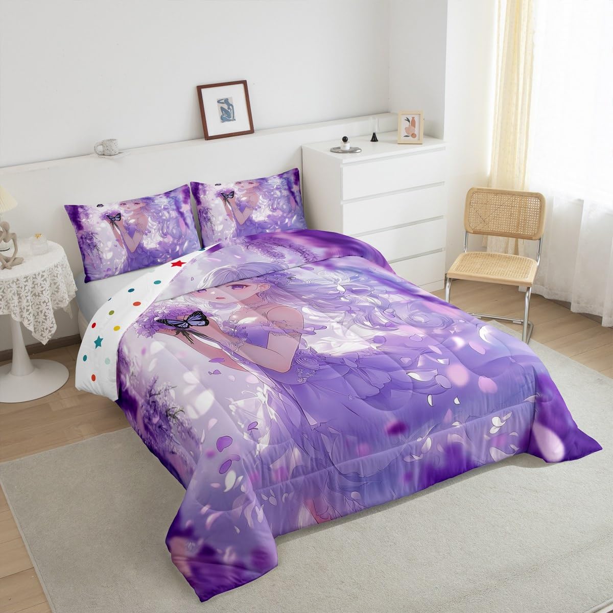 Erosebridal Cute Kawaii Anime Girl Full Bedding Set Japanese Style Anime Kids Down Comforter Cartoon Print Comforter Set Purple Romantic Flower Butterfly Bed Set 2 Pillow Cases