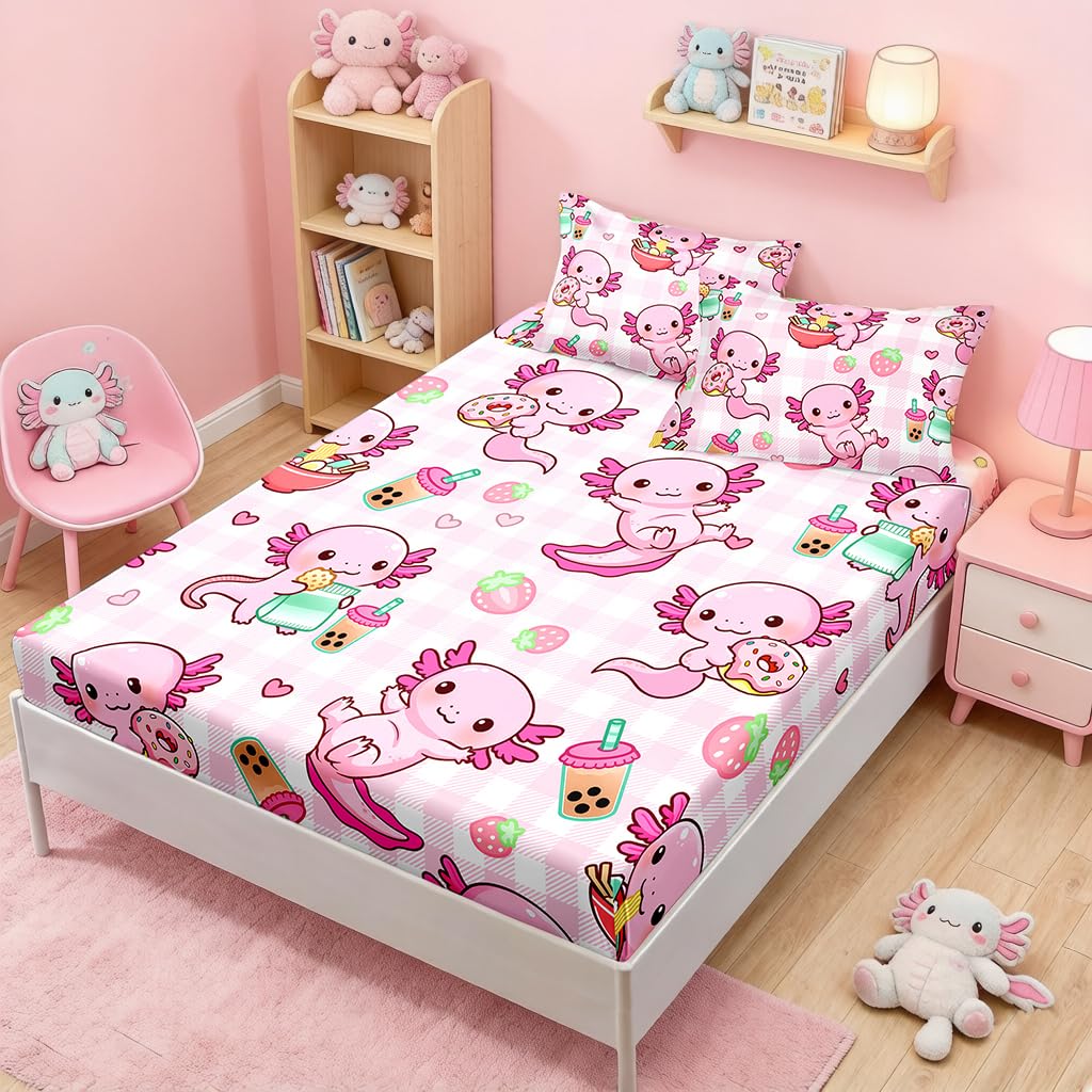 HOSIMA Axolotl Fitted Sheet Set Full Size for Kids Girls,Pink Cartoon Axolotl Eat Dessert Printing Bedding Set Full Size for Princess Bedroom Decor,1 Fitted Sheet+2 Pillowcases.