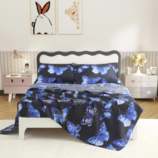SDY 4 Pieces Butterfly Bed Sheet Sets Full Size,Super Cute Microfiber Bed Sheets for Boys, Girls, Kids and Toddler, Bed in A Bag Packaged with 1 Fitted Sheet+ 1 Top Flat Sheet + 2 Pillowcases