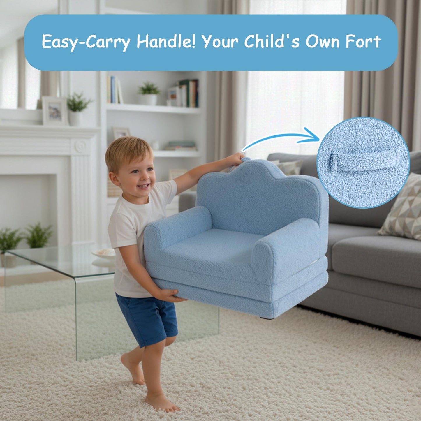 Tiita Kids Sofa, 2-in-1 Soft Toddler Couch Fold Out, Cloud-Like Comfy Couch Toddler Reading Chair with Carrying Handle Washable Cover, Kids Furniture for Boys and Girls