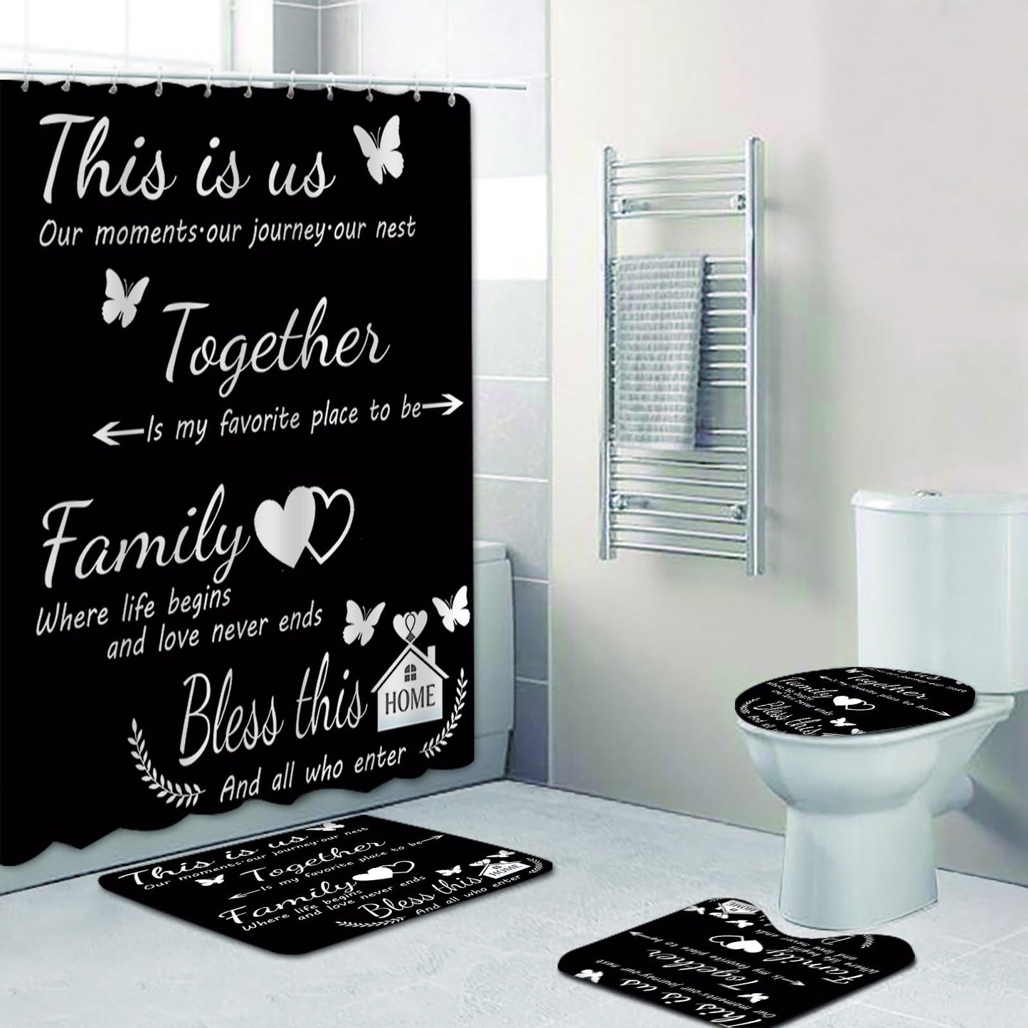 NEWSUYAA Black Bathroom Shower Curtain Set with Family Quotes,4 Pcs Home Inspirational Bath Decor with Non-Slip Bath Mat, Toilet Lid Cover & U-Shape Rug, Modern Farmhouse 72x72 Inch with Hooks