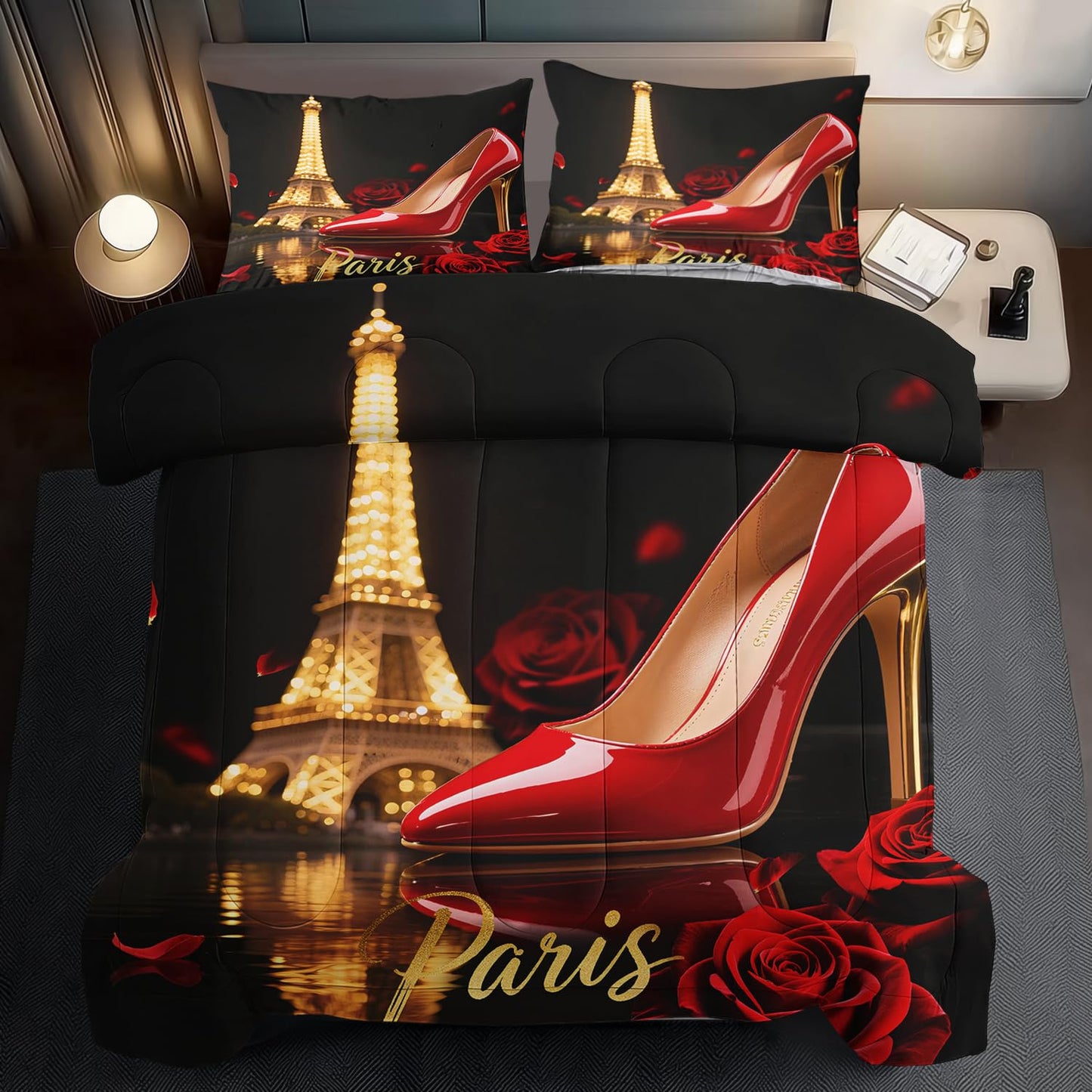 llyxsesty Paris Comforter Set Queen Women Eiffel Tower Bedding Set for Girls Red High Heels Comforter Queen Women Quilt Romantic Bedroom Decor Paris Bedding Rose Bed Decor