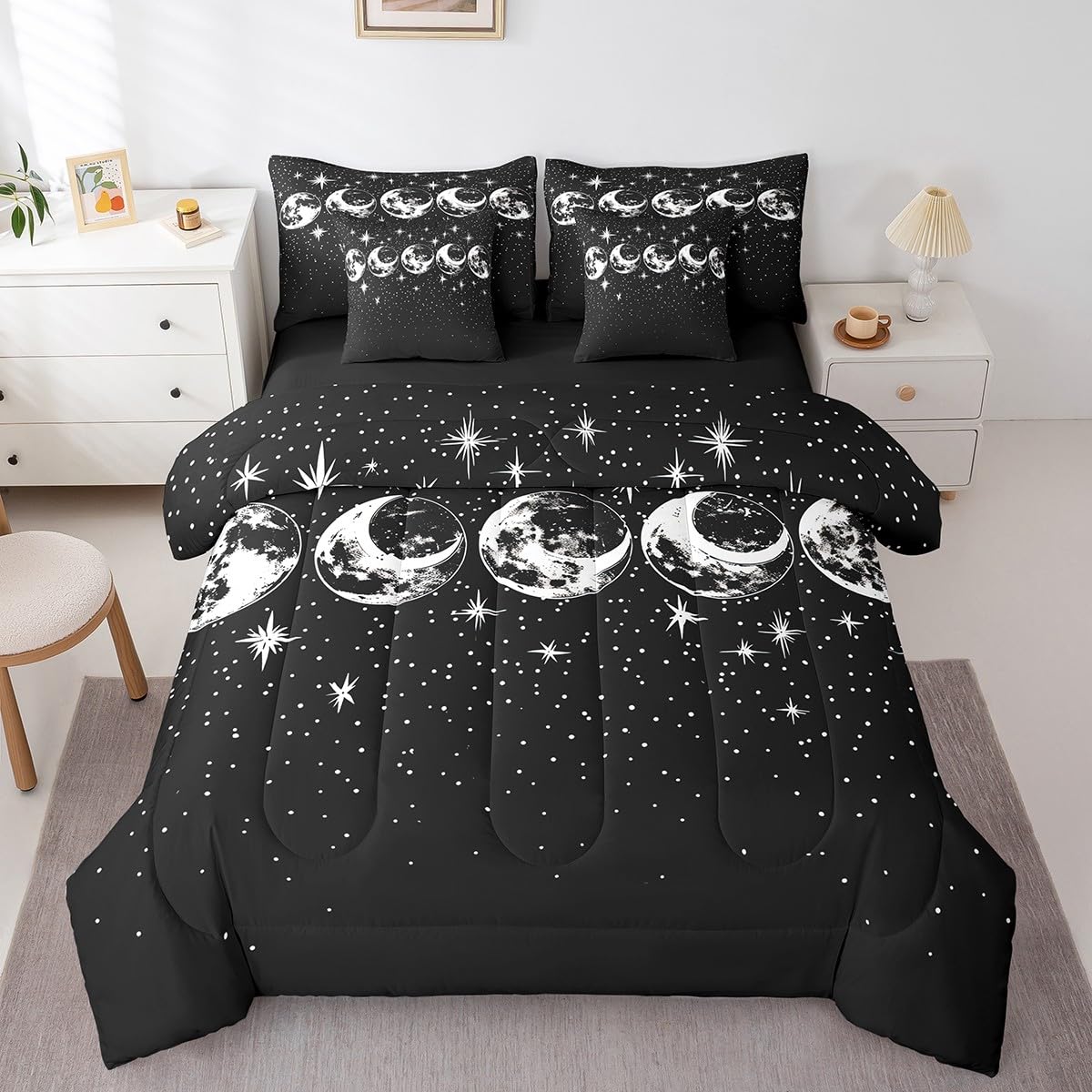 Erosebridal Starry Sky 7 Piece Comforter Set Full Bed in a Bag,Sun Moon Bedding Sets Aesthetic Galaxy Series Sheet Set with Comforter