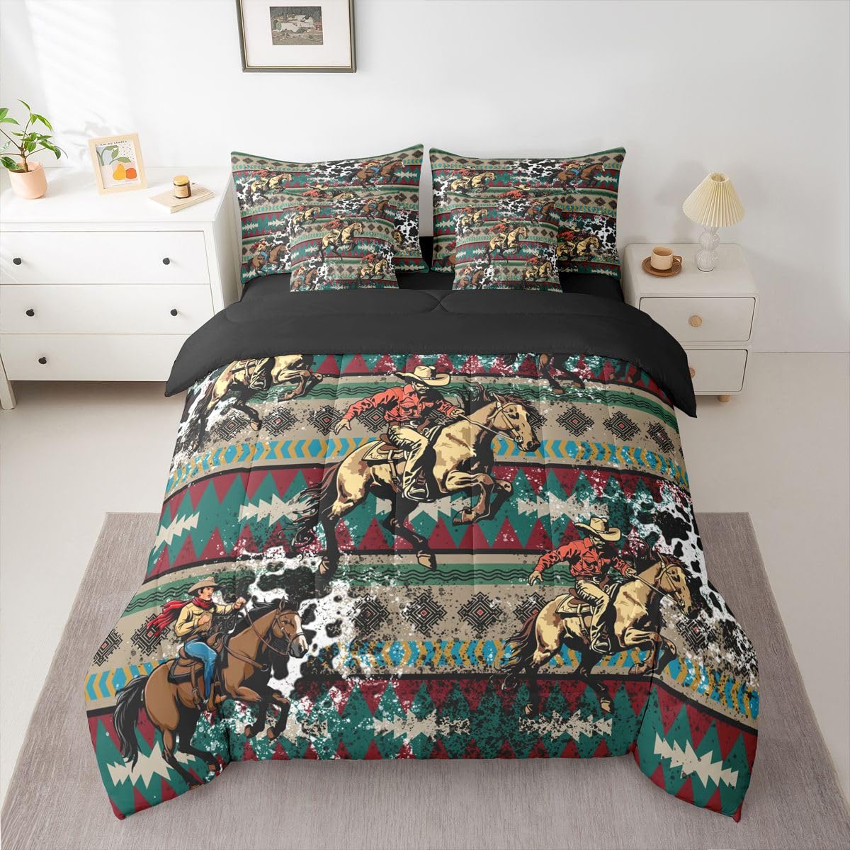 Erosebridal Fur Print Cowboy Red Blue Brown Aztec Full Comforter Set 7 Pieces | Tribal Bohemian Ethnic Bed in A Bag for Bedroom Cowhide Pattern Bedding Set with Comforters Retro Adults Room Decor