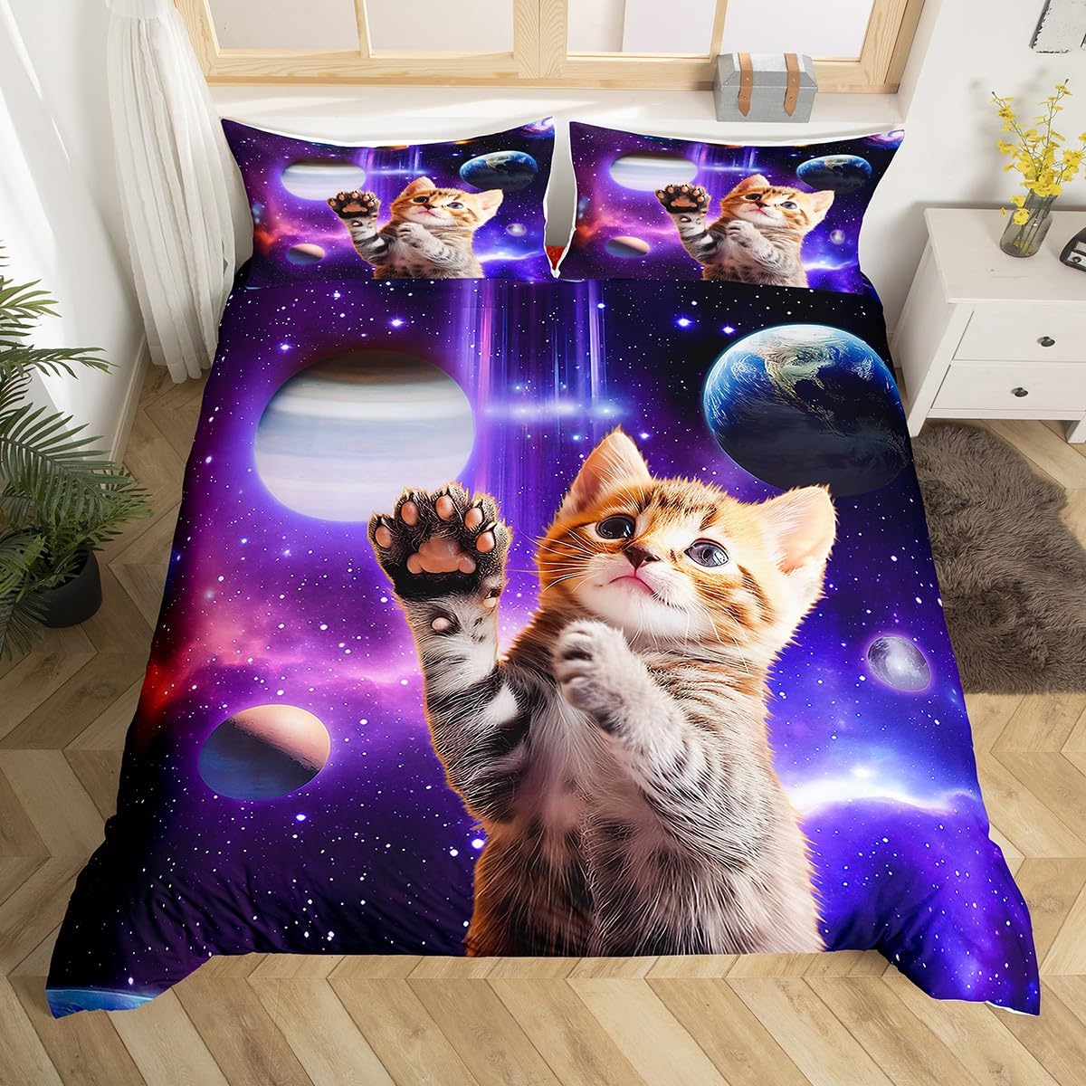 Feelyou Galaxy Cat Duvet Cover Set Universe Galaxy Bedding Set for Kids Boys Girls Cute Kitten Printed Comforter Cover Outer Space Planets Quilt Cover Bedroom Collection 3Pcs Full Size