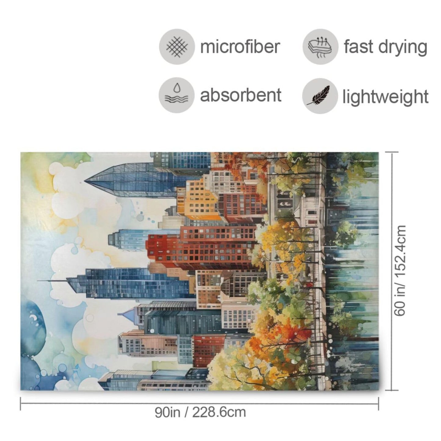 XYMZR City Skyline Watercolor Flannel Twin Blanket – 60” x 90”, Fashion Design, Ultra Soft, Lightweight, Washable Throw Blanket for Sofa, Bedroom, Dorm