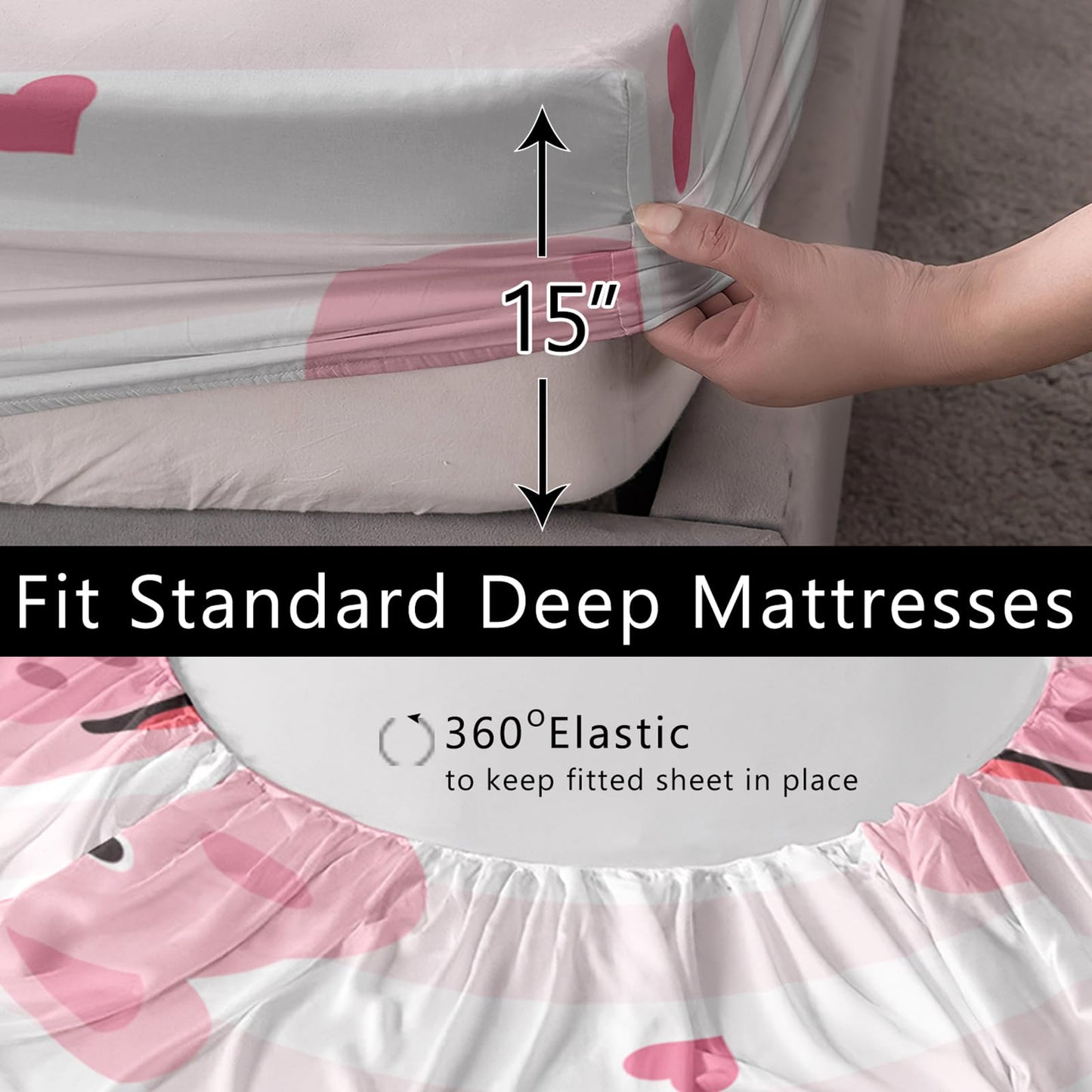 AILONEN Cute Pig Fitted Sheet Set Twin Size,3-Piece Kawaii Pig Bed Sheet Set for Kids Girls,Cartoon Pink White Stripes Print Fitted Sheet with 2 Pillowcases