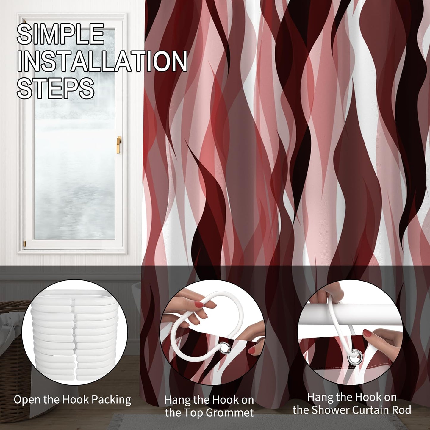 ChloropLastid Red Wavy Line Shower Curtain Red Black White Modern Geometric Abstract Striped Aesthetic Boho Bath Curtains Waterproof Fabric Bathroom Decoration with Hooks 72x72 inch