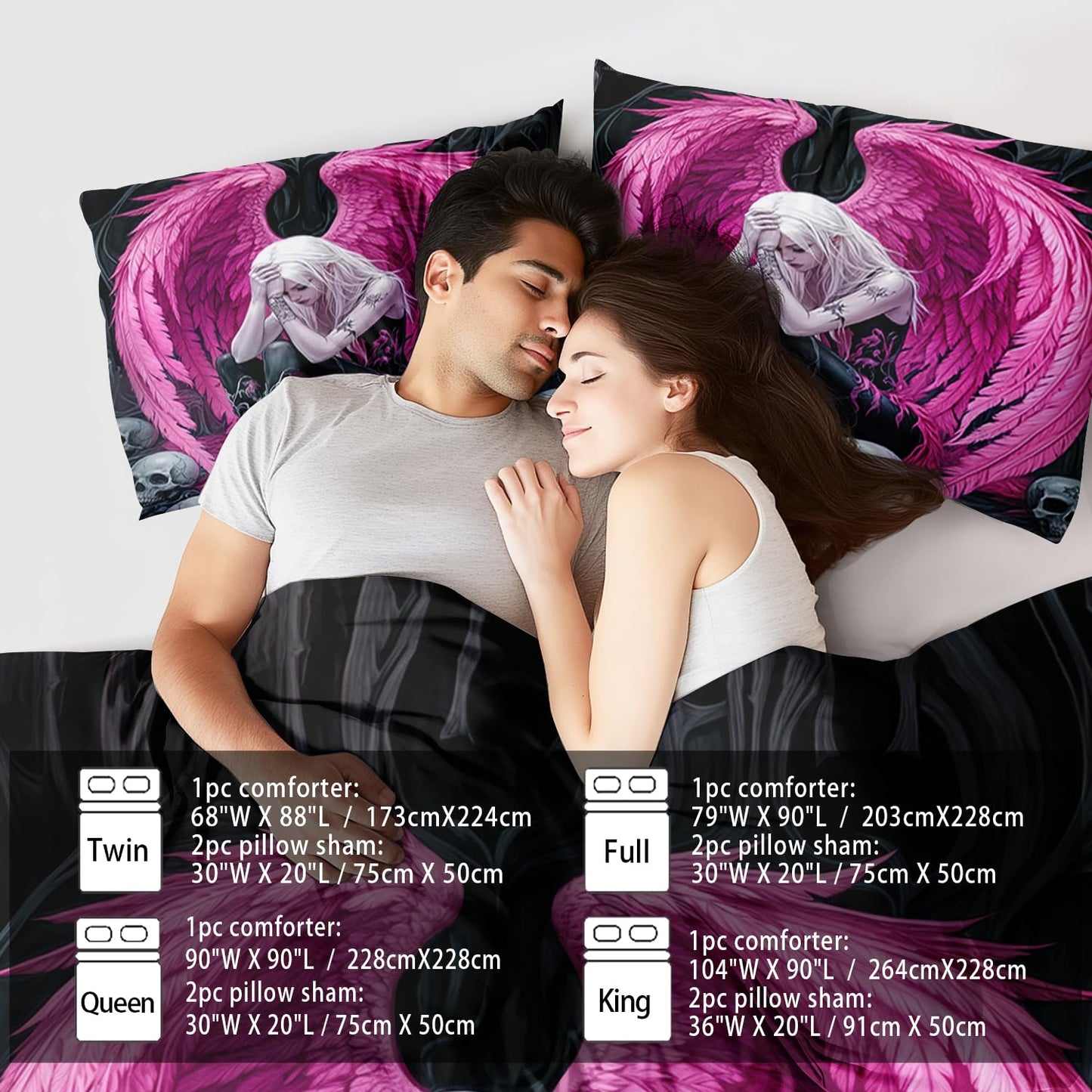 llyxsesty Gothic Skull Comforter Set Queen for Adults,Angel Wings Bedding Set Pink for Girls,Sexy Angel Comforter Bedroom Decor Teen,Gothic Skull Bedding Decor Pink Wings Quilt