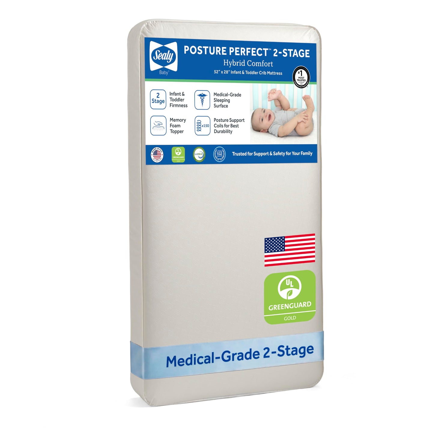 Sealy Baby Posture Perfect Breathable Crib Mattress, GREENGUARD Gold Certified, Made in USA, 2 Stage Hybrid Memory Foam & 150 Premium Coils, Toddler Bed Fit, Safety & Quality Tested, 52x28"