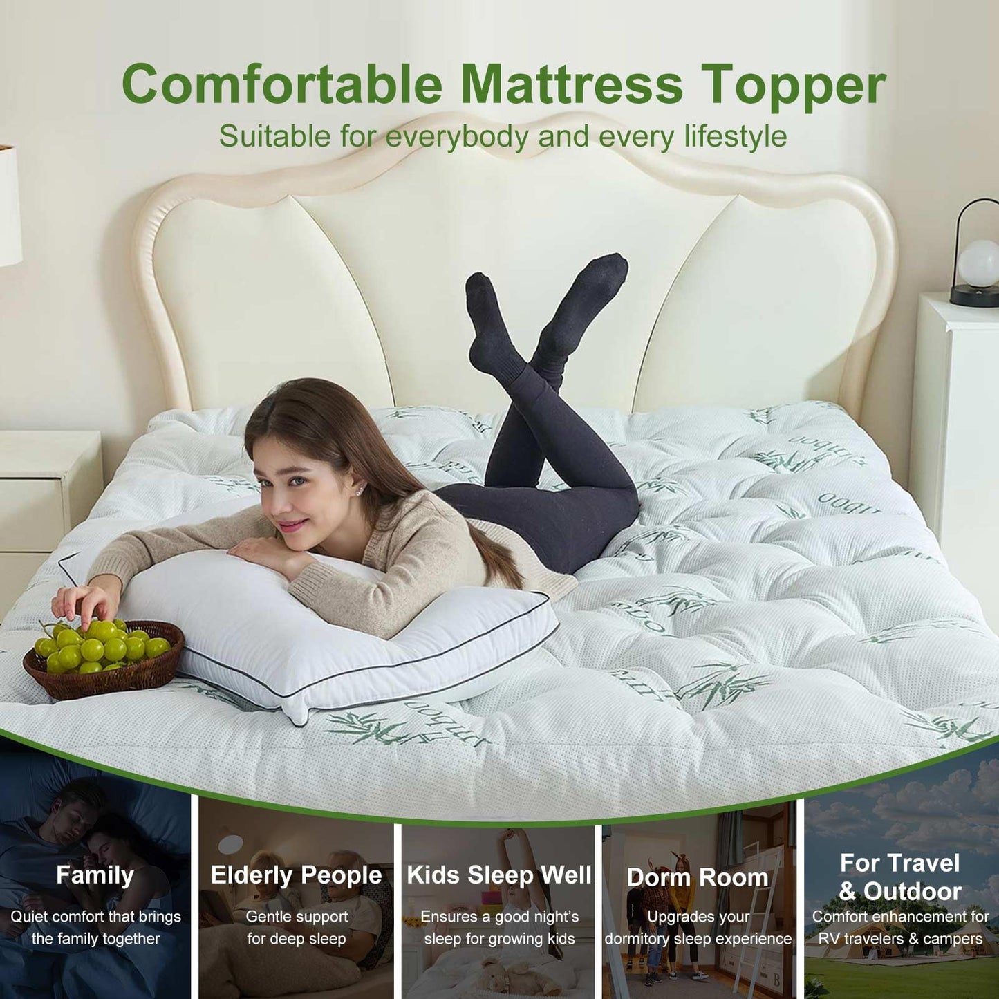 Whatsbedding Memory Foam Mattress Topper Twin Size, 5 Inches Slow Rebound Memory Foam Topper with Cooling Viscose Made from Bamboo Cover, Deep Pocket Designed Mattress Topper