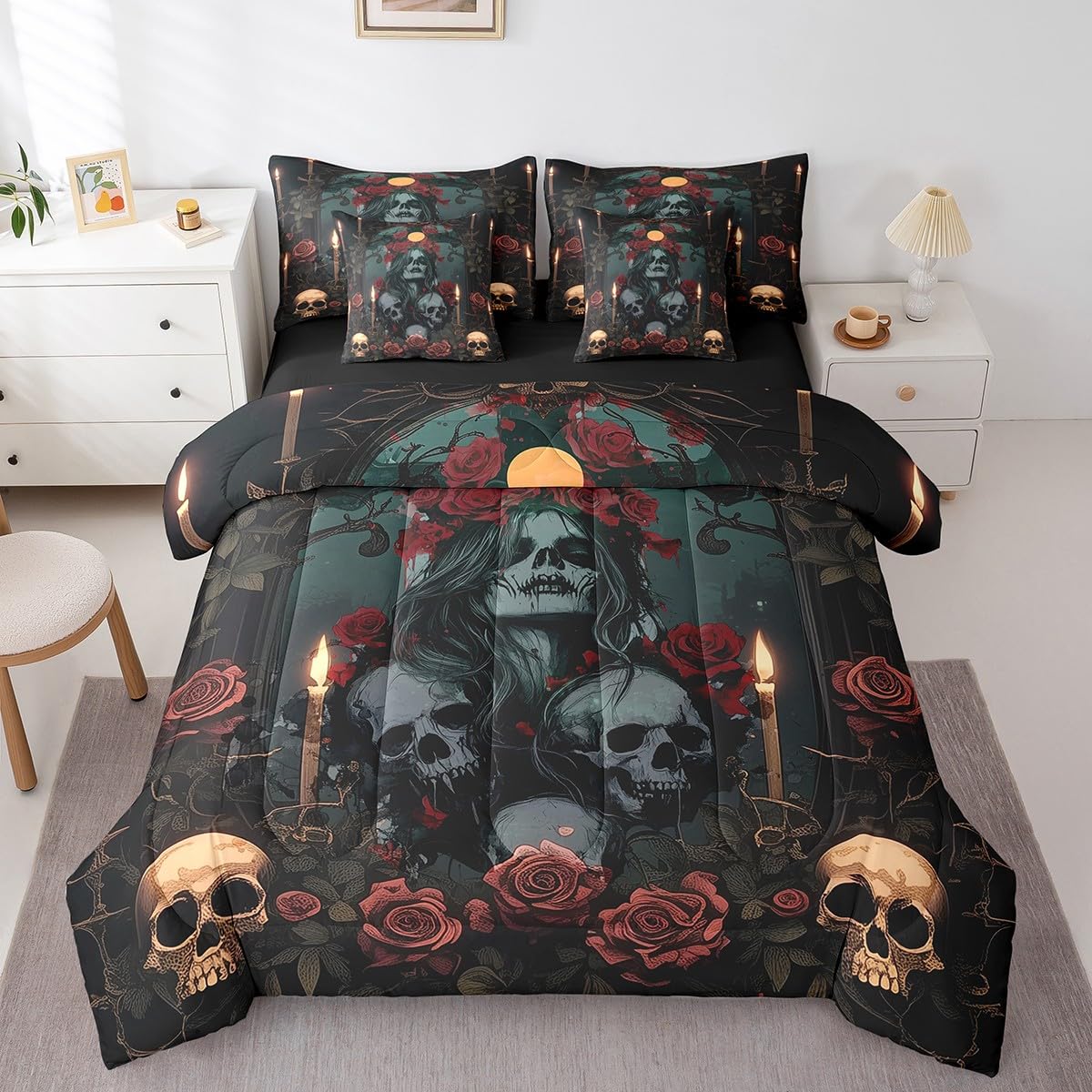 Erosebridal Rose Skull Full Comforter Set Goth Skull Valentine's Day 7 Piece Bedding Set Romantic Flowers Skeleton Bed in A Bag Cross Candle Sheet Set with Comforter for Teen Adults