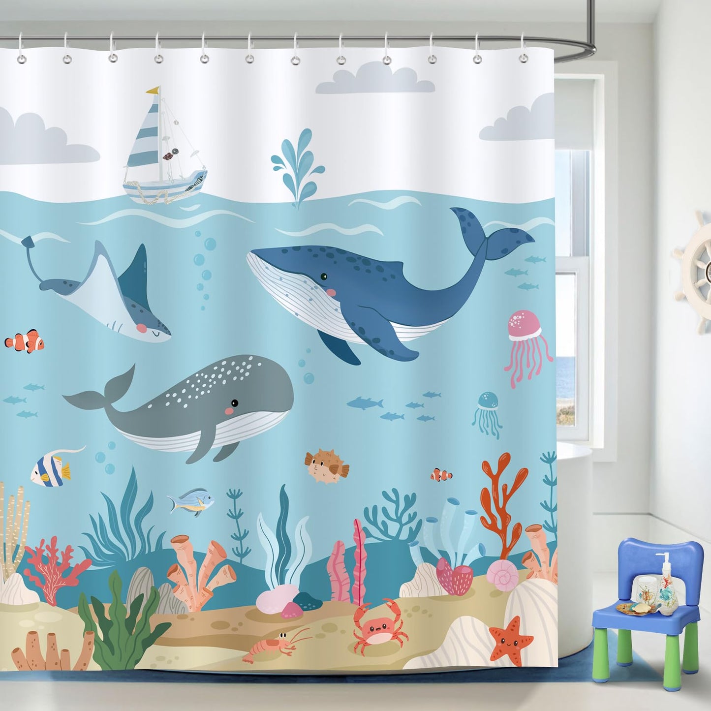 Bonhause Kids Whale Shower Curtain, Cute Ocean Fish Coral Under The Sea Bathroom Curtain 72x72 Inch Polyester Fabric Waterproof Bath Curtain with 12 Hooks