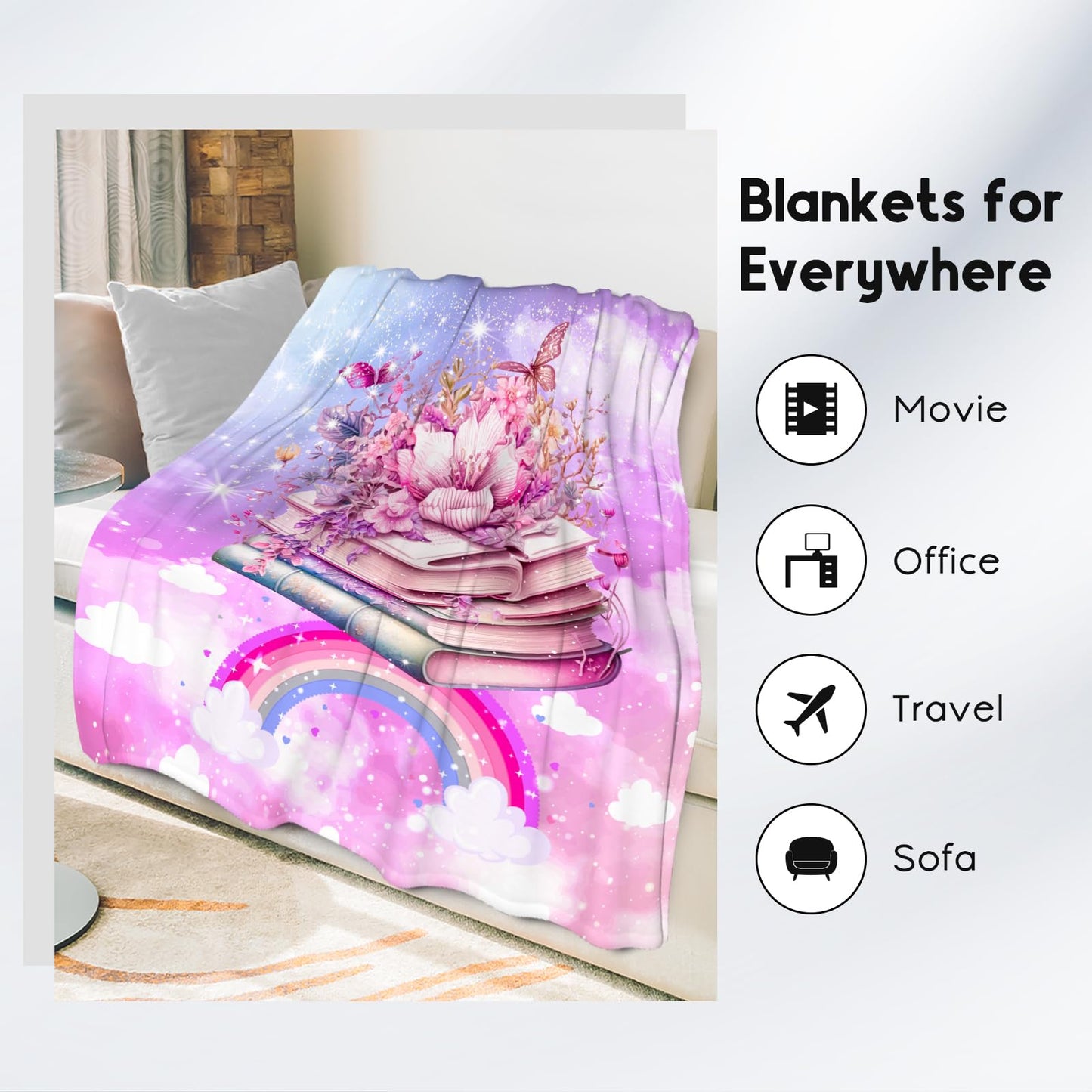 Book Lovers Gift Reading Blanket for Girls, Book Blanket Cozy Reading Throw for Office & Library Naps, 40"x50"