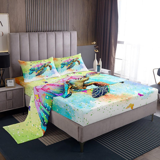 Kids Sea Turtle Fitted Sheet Full Size,Watercolor Tortoise Butterfly Bed Sheet Set for Girls Teens Bedroom Xmas Gift,Girly Dreaming Style Bedding Set with 1 Flat + 2 Pillowcases