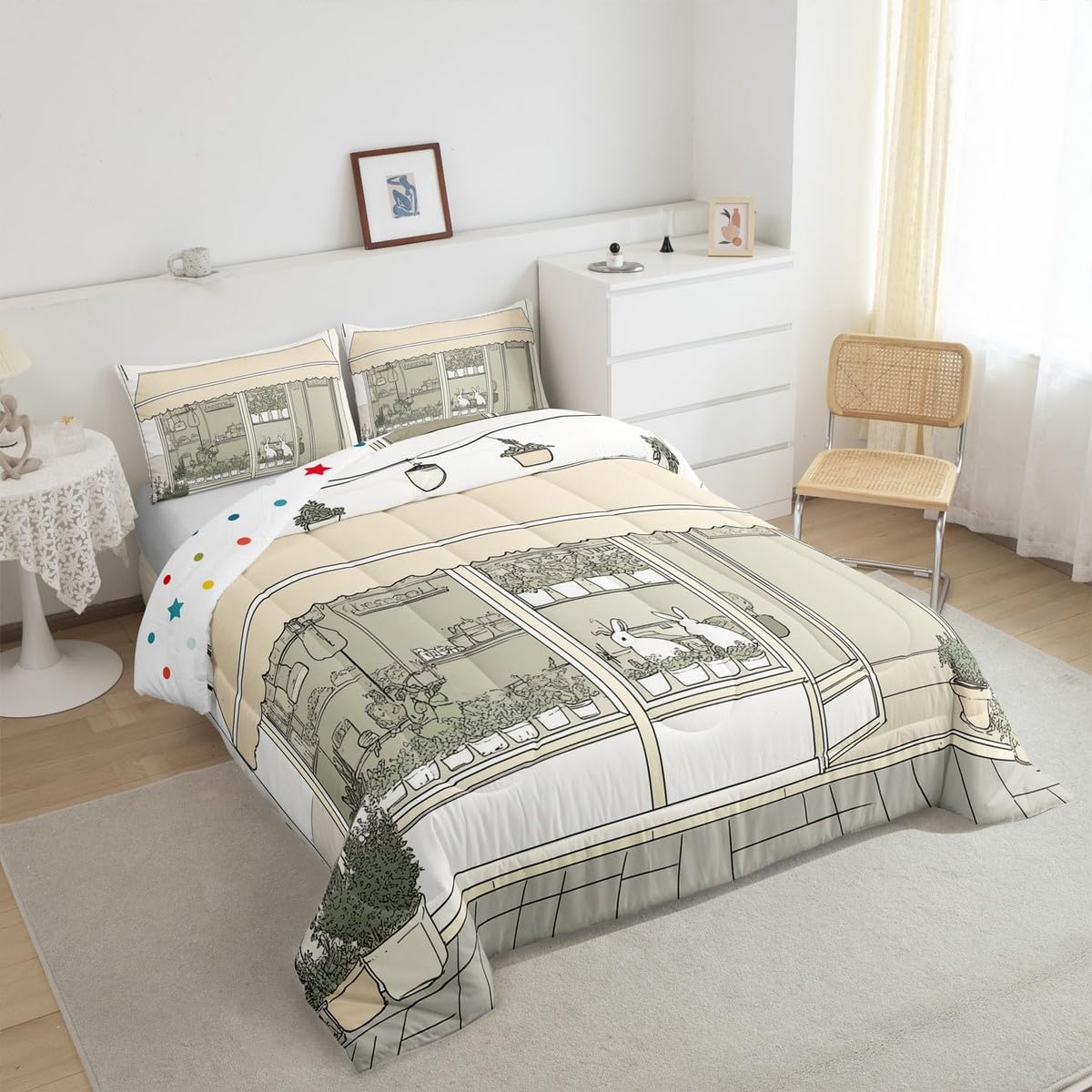 jejeloiu Cute Anime Bedding Set 2Pcs Twin Size Kids Rabbit Japanese Street Comforter Set for Boys Girls Bunny Duvet Quilt Soft Lightweight,Microfiber