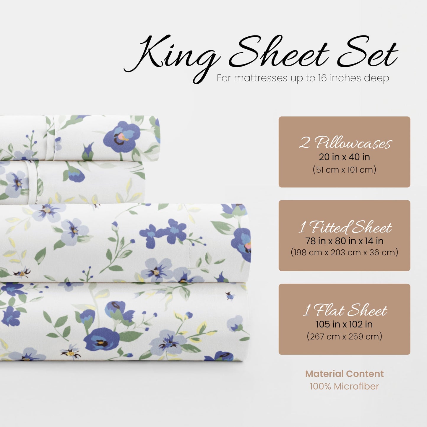 Linen Market 4 Piece King Sheet Set - Breathable, Double-Brushed Patterned Cooling Sheets – Oeko-TEX Certified Ultra Soft & Wrinkle-Free 16" Deep-Pocket King Sheets - Easy Care Blossoms Light Blue