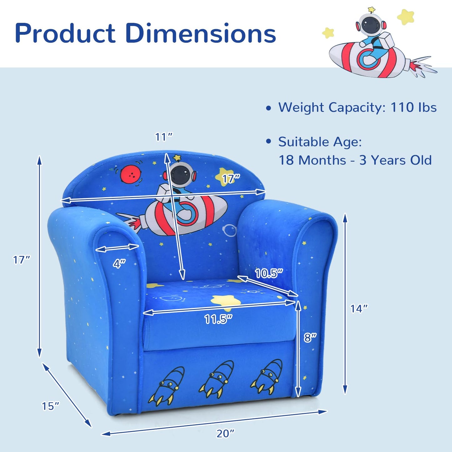 INFANS Kids Sofa, Toddler Armchair Chair with Sturdy Wood Construction Cartoon Pattern, Upholstered Children Armrest Couch for Nursery Kindergarten Playroom Preschool, Gift for Boys Girls