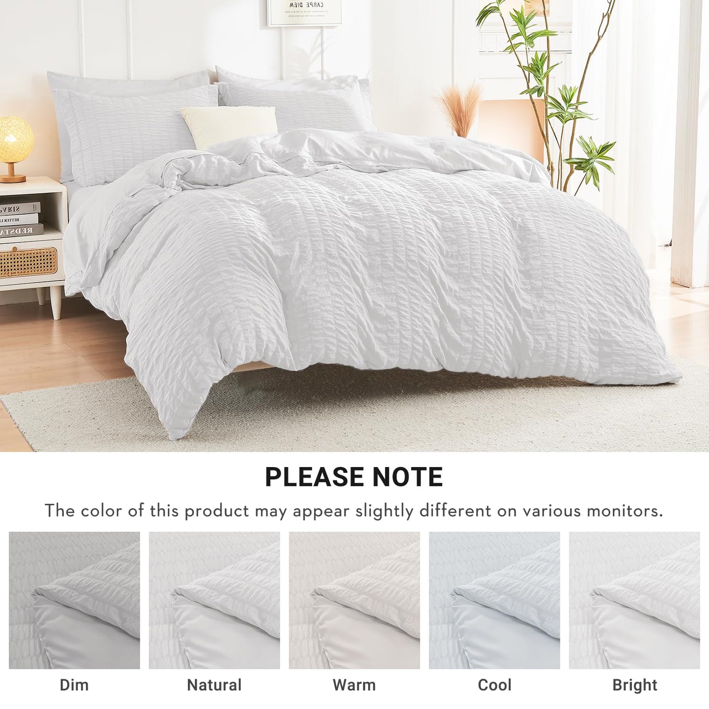 HYMOKEGE White Twin Comforter Set Seersucker 5 Pieces, All Season Luxury Bed in a Bag for Bedroom, Bedding Set with Comforters, Sheets, Pillowcase & Sham
