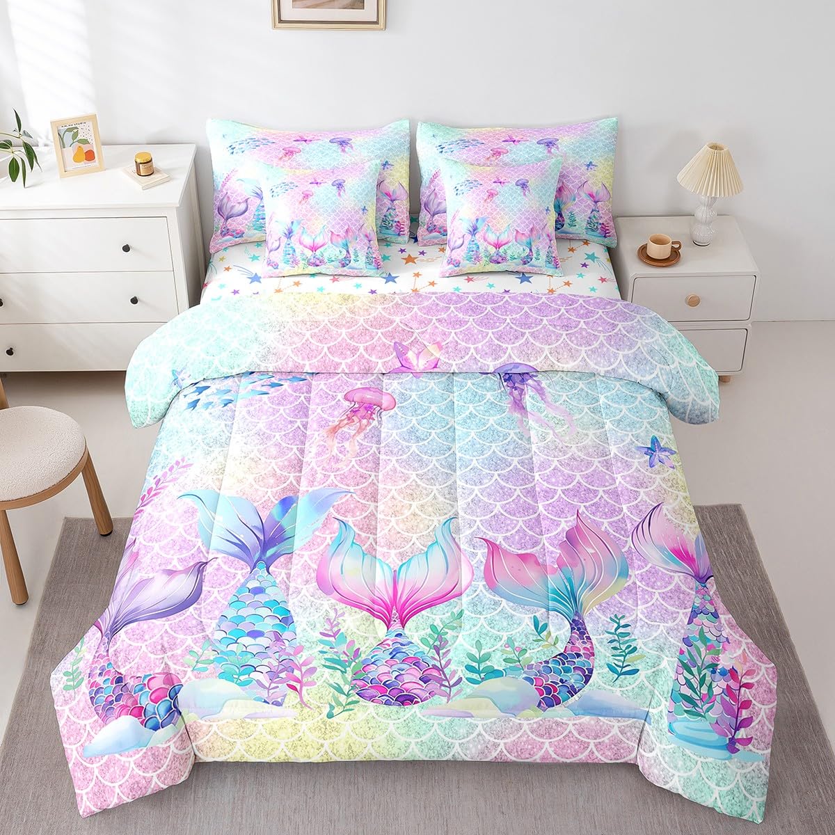 jejeloiu Mermaid Comforter Set with Sheets Queen Size Kids Sparkle Fish Scales 7 Pieces Bedding Set for Boys Girls Teens Ombre Ocean Marine Bed in a Bag Breathable Princess Decor Bedroom Decor