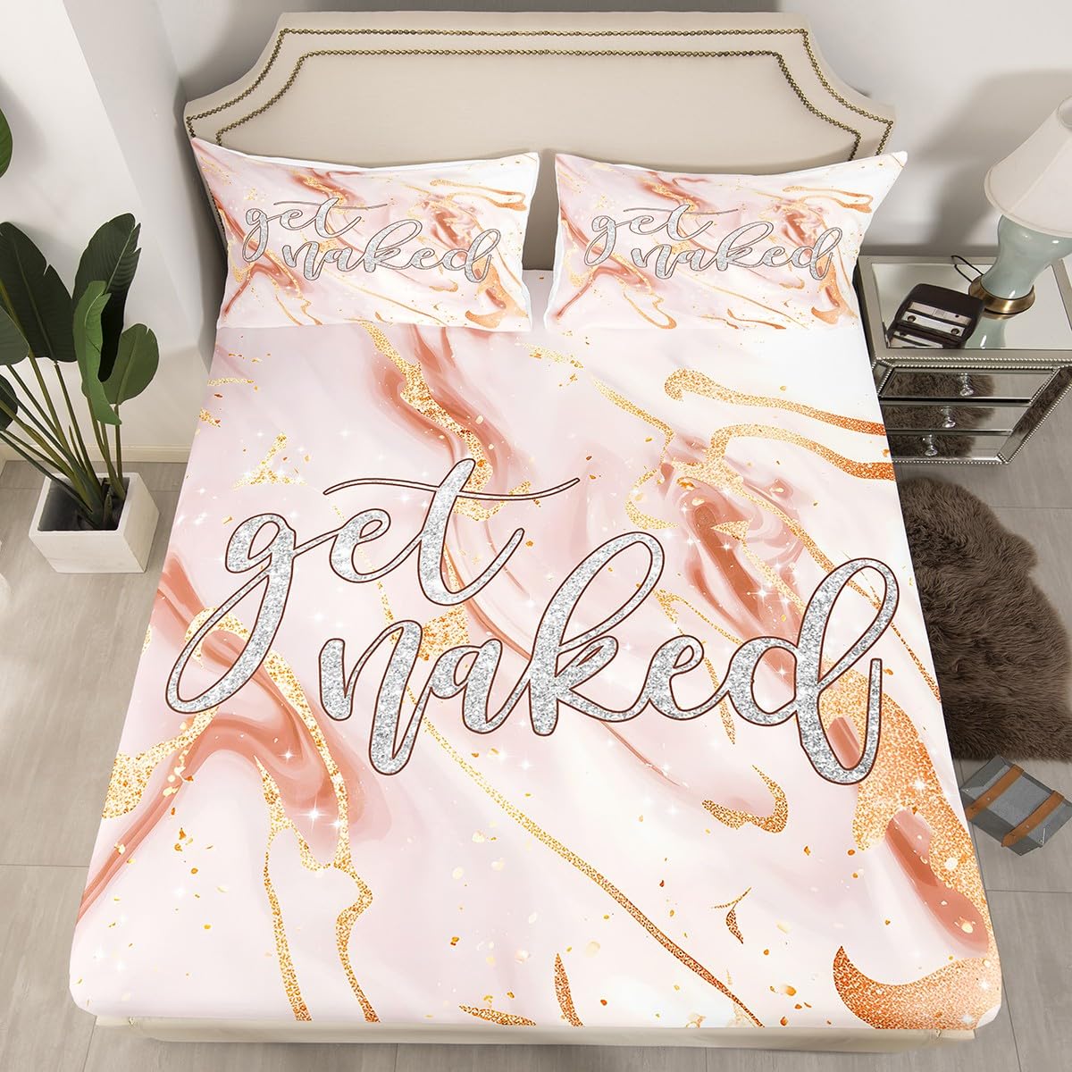 Pink Marble Bedding Set Get Naked Bed Sheet Set for Kids Boys Girls Teens Bedroom Decor Funny Quotes Fitted Sheet Full Size Pink Rose Gold Glitter Marble Cracked Bedding Sheets 3Pcs
